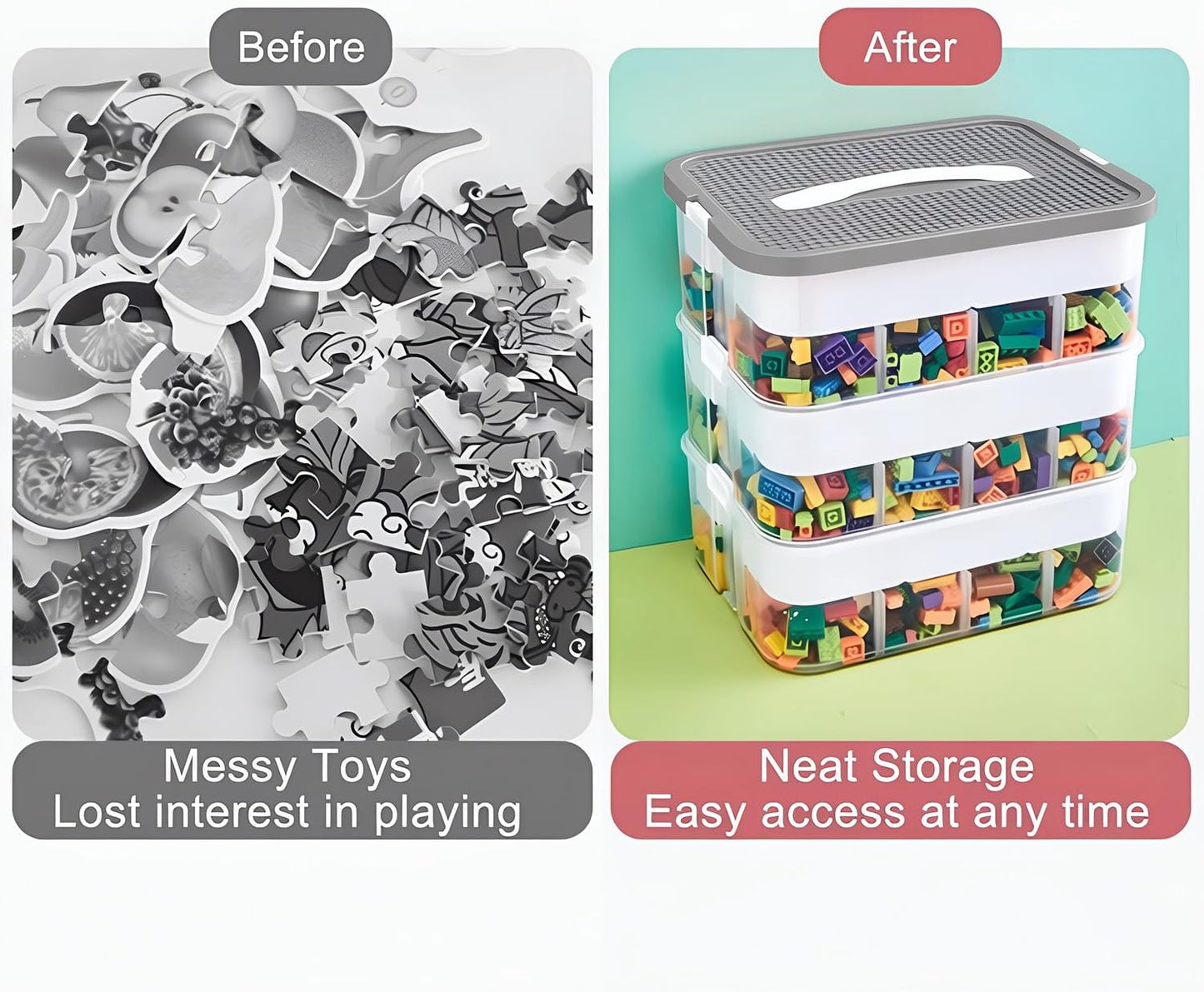 Toys Organizer Storage Case for Lego Box Kids Toy Stackable Building Blocks with Lids Bins Adjustable Lego Storage Containers Plastic Toy Box Grey 2 Layers
