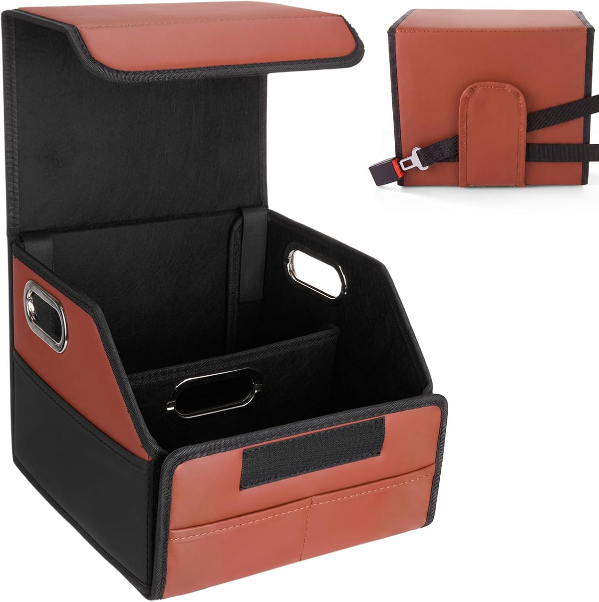 Car Storage Organizer with Box Lid, Leather Car Seat Organizer, Black