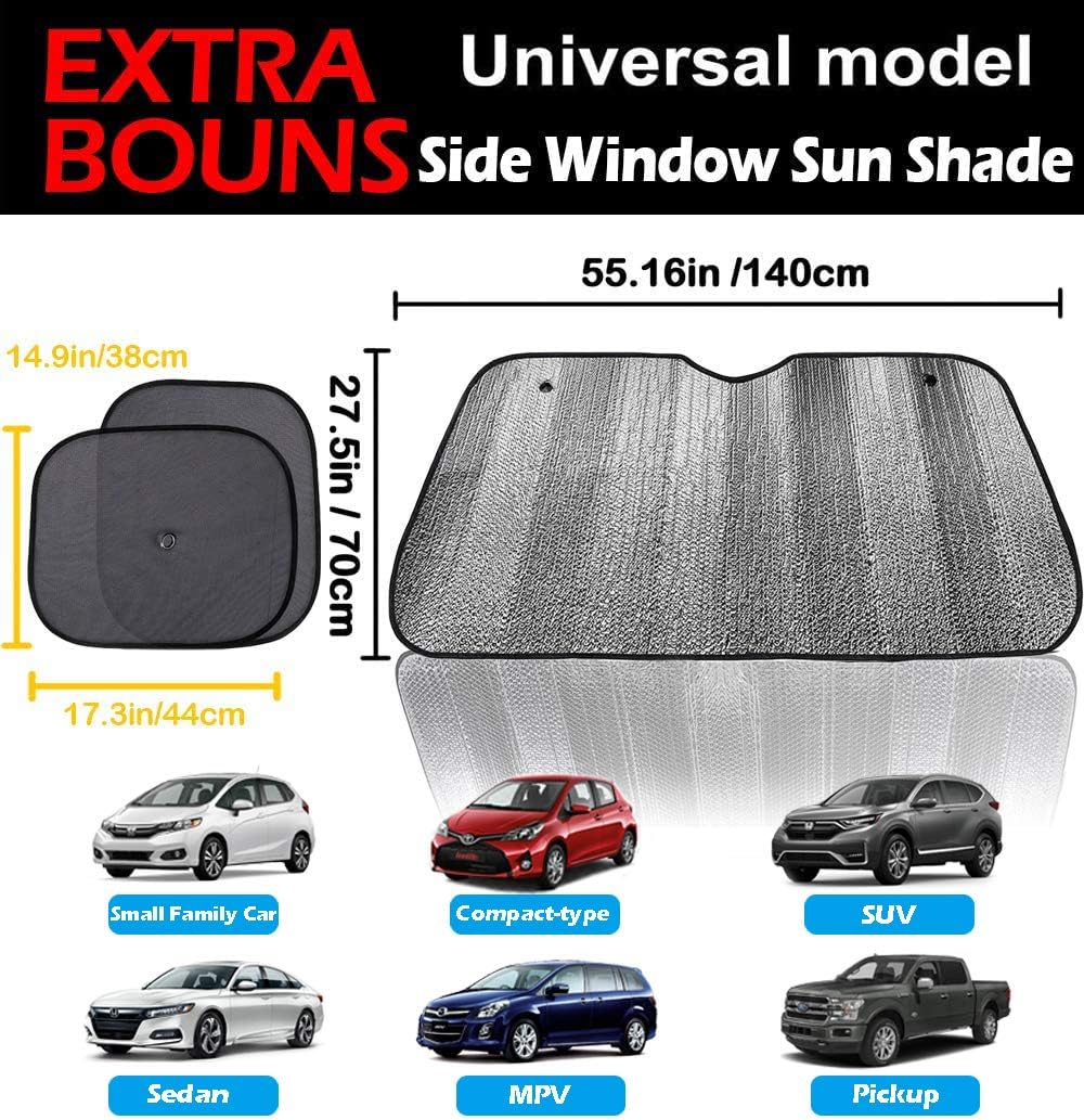 Windshield Sun Shade, Car Window Shade as Bonus by Big Hippo Keep Vehicle Cool Protect Your Car from Sun Heat & Glare Best UV Ray Visor Protector (Size: 55.16"X 27.5")