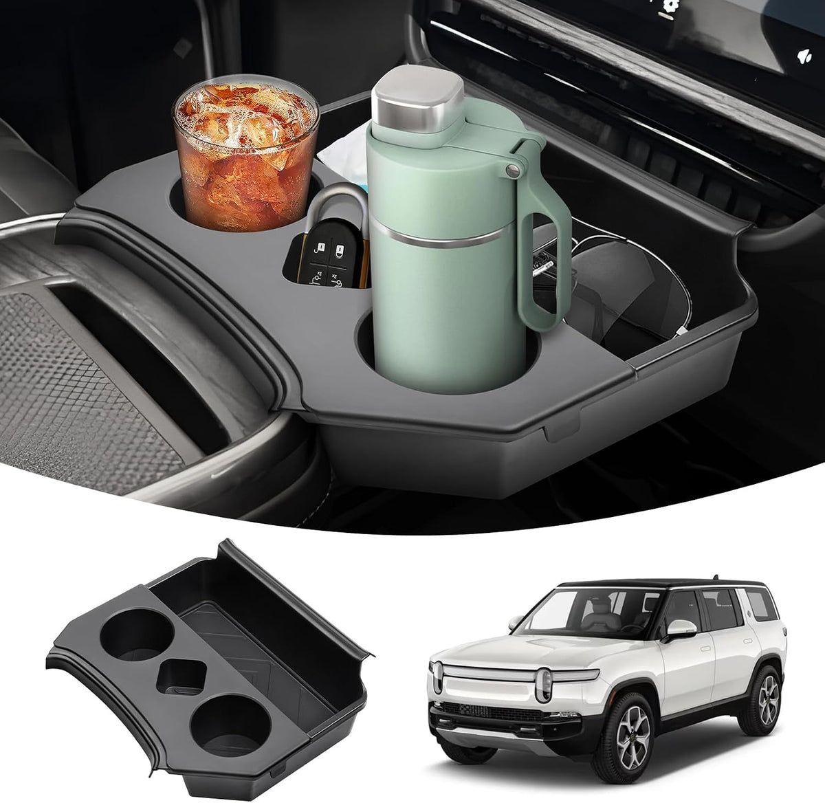 Karltys 2 in 1 Center Console Organizer Dining Tray with Cup Holder for Rivian R1S R1T Accessories 2022-2025 2026, 2 Layer Storage Box with Detachable Drink Holder & Anti-Slip Silicone Mat
