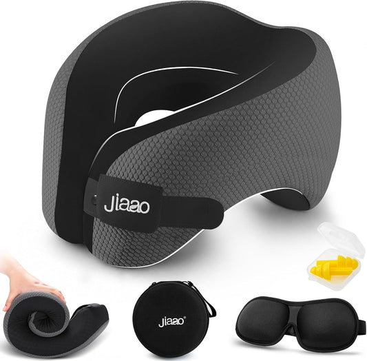 Ergonomic Travel Pillow,100% Memory Foam Travel Neck Pillow for Airplanes | 360 Neck & Chin Support Airplane Pillow For Long Flights,Airplane Travel Essentials With 3d Eye Mask, Earplugs,Carry Case