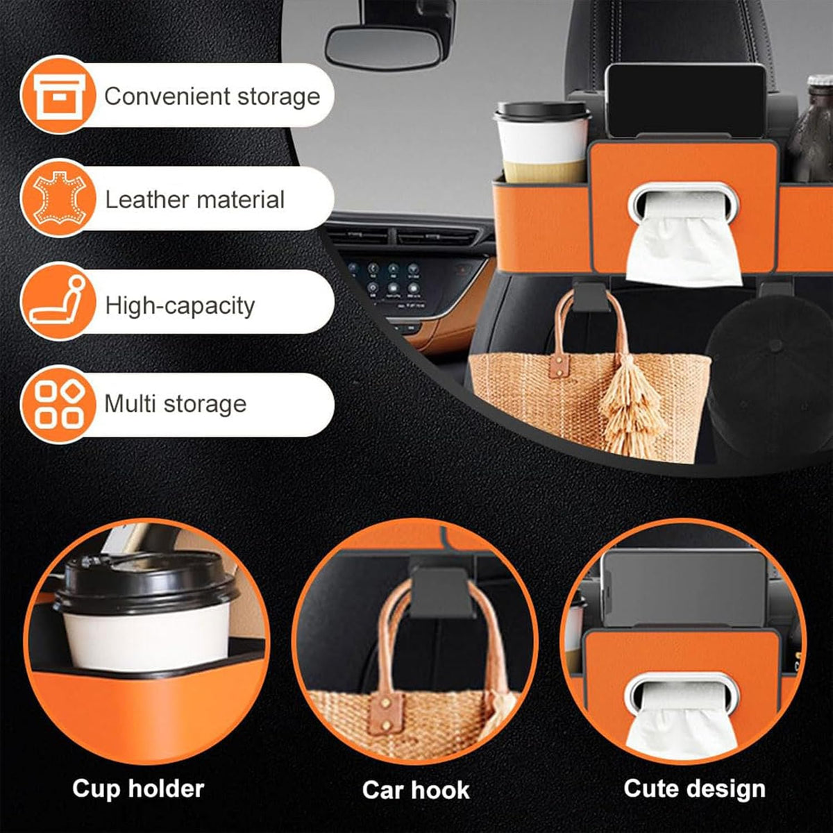 Car Organizer and Storage Box Back Seat, Car Organizer and Storage Box, 3-in-1 Car Seat Back Storage Box, with 2 Cup Holders, Tissue Box and Hooks, Smart Over-Seat CarOrganizer (2, Black)