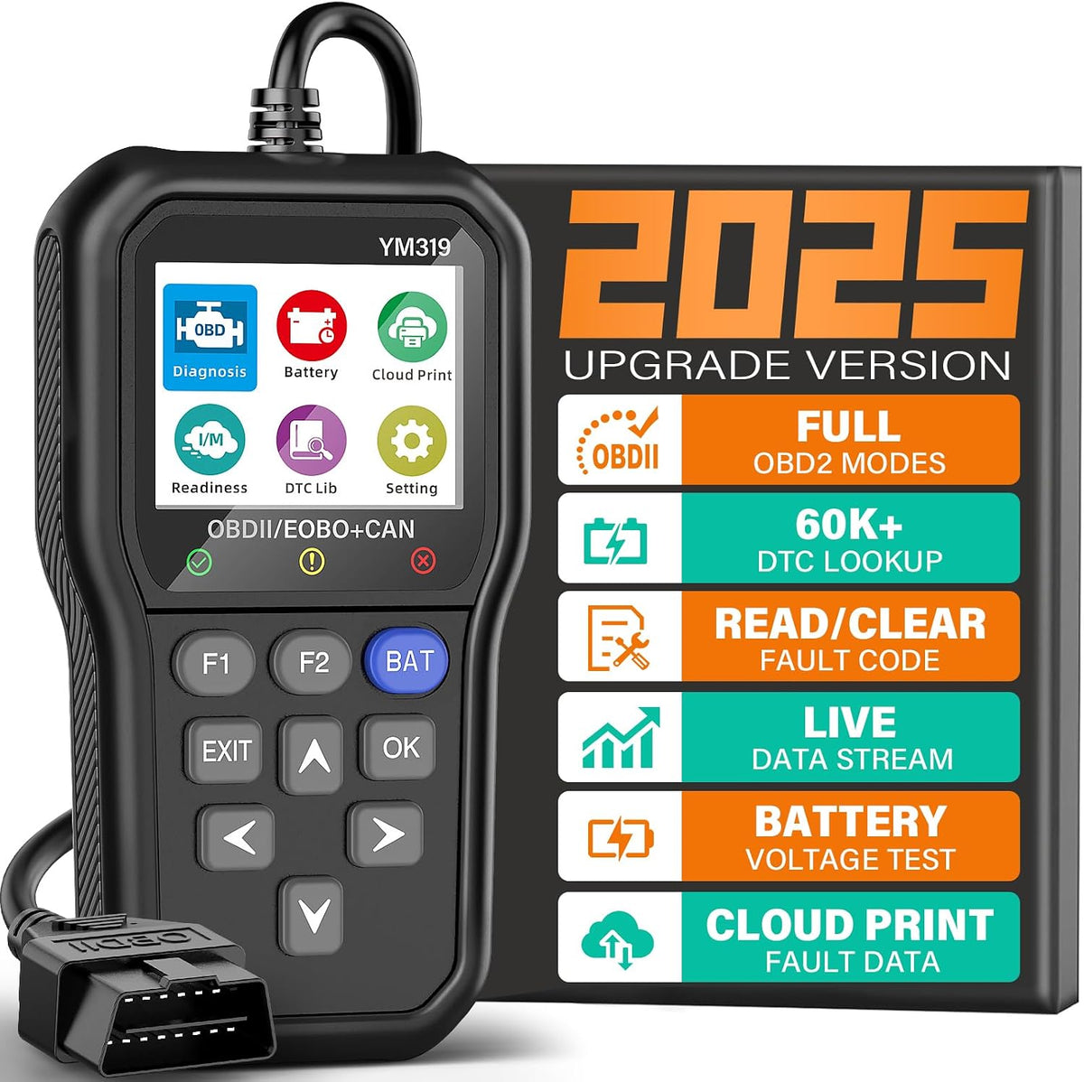 BluSon YM319 OBD2 Scanner Diagnostic Tool with Battery Tester, Scan Tool