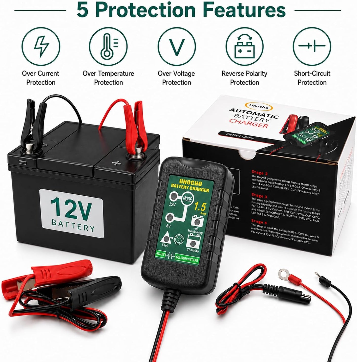 Unocho 6V/12V Battery Charger Maintainer 1.5A Automatic Trickle Charger Smart Float Charger for Car Motorcycle Lawn Mower Boat ATV Snowmobile Lead-Acid AGM GEL SLA VRLA WET Batteries