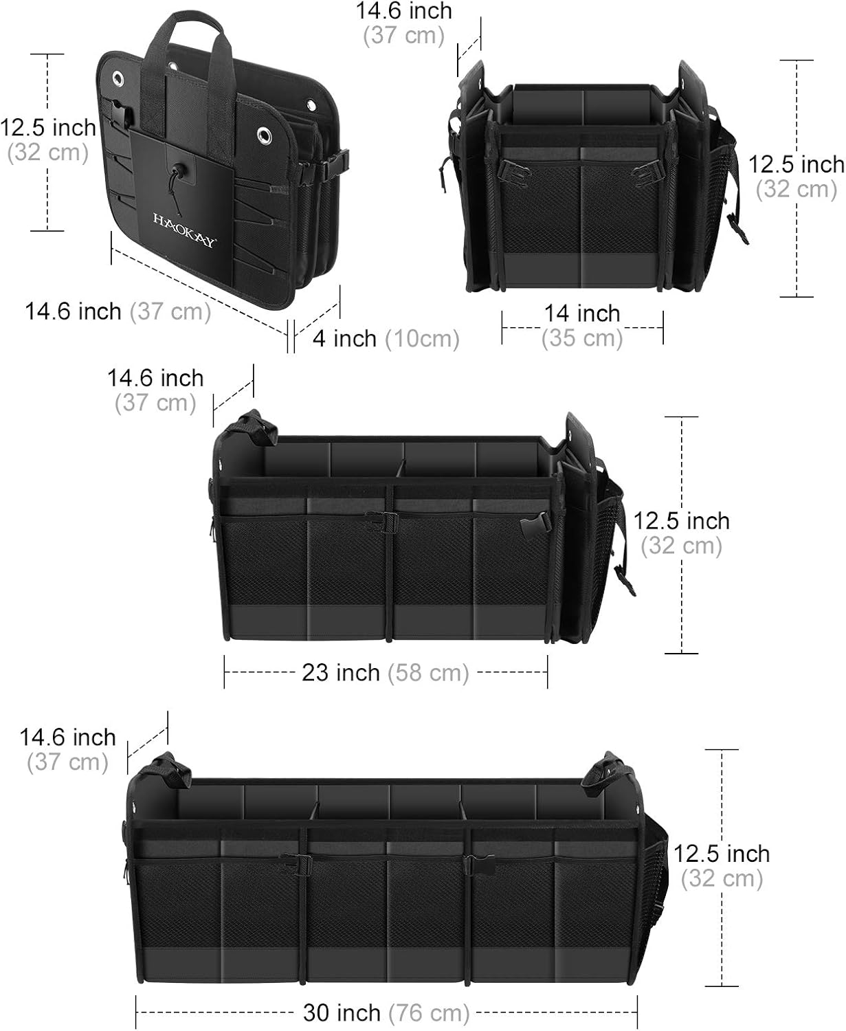 HAOKAY Car Trunk Organizer with Lid，Heavy Duty Extra Large Premium Black Oxford Multi Compartments Collapsible trunk organizer for SUV, Van, Truck, Sedan, Jeep （90L