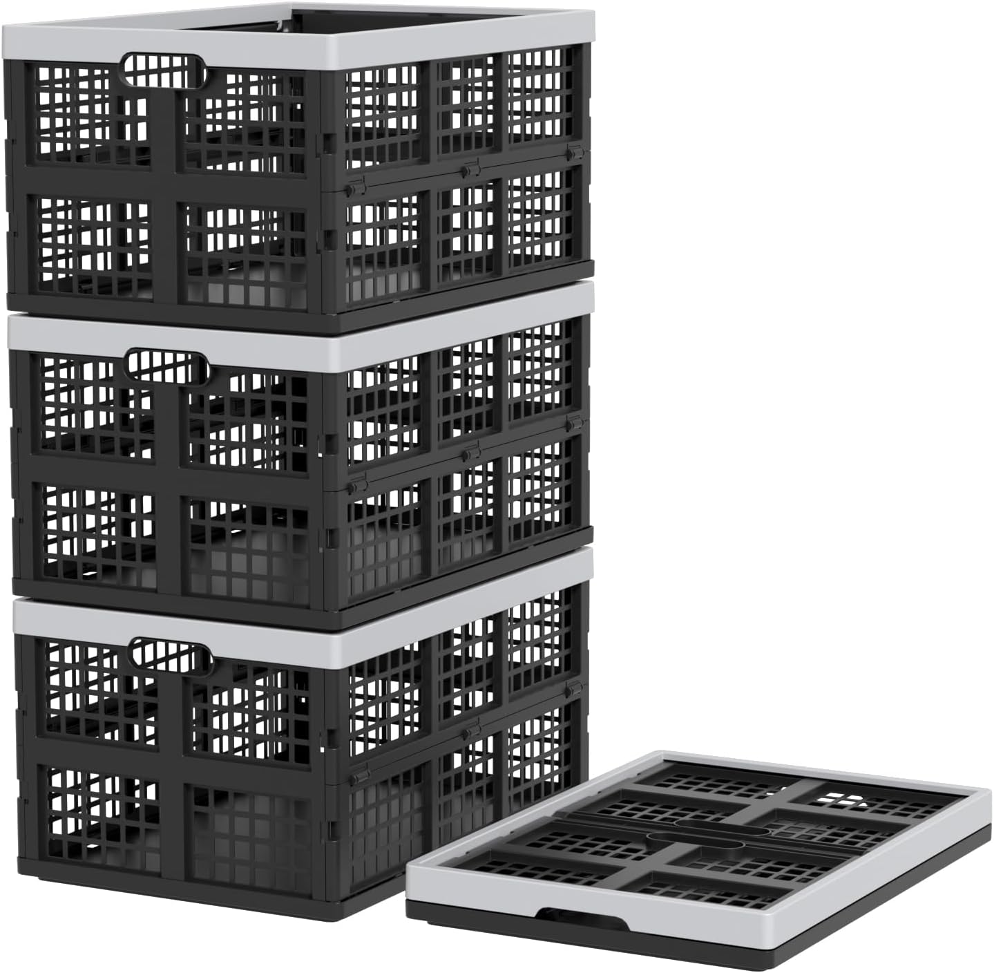 42L Collapsible Milk Crates, 4 Packs Foldable Storage Bins | Heavy-Duty Plastic Stackable Basket Crate, Black Folding Crate for Garage, Car, Pantry Storage