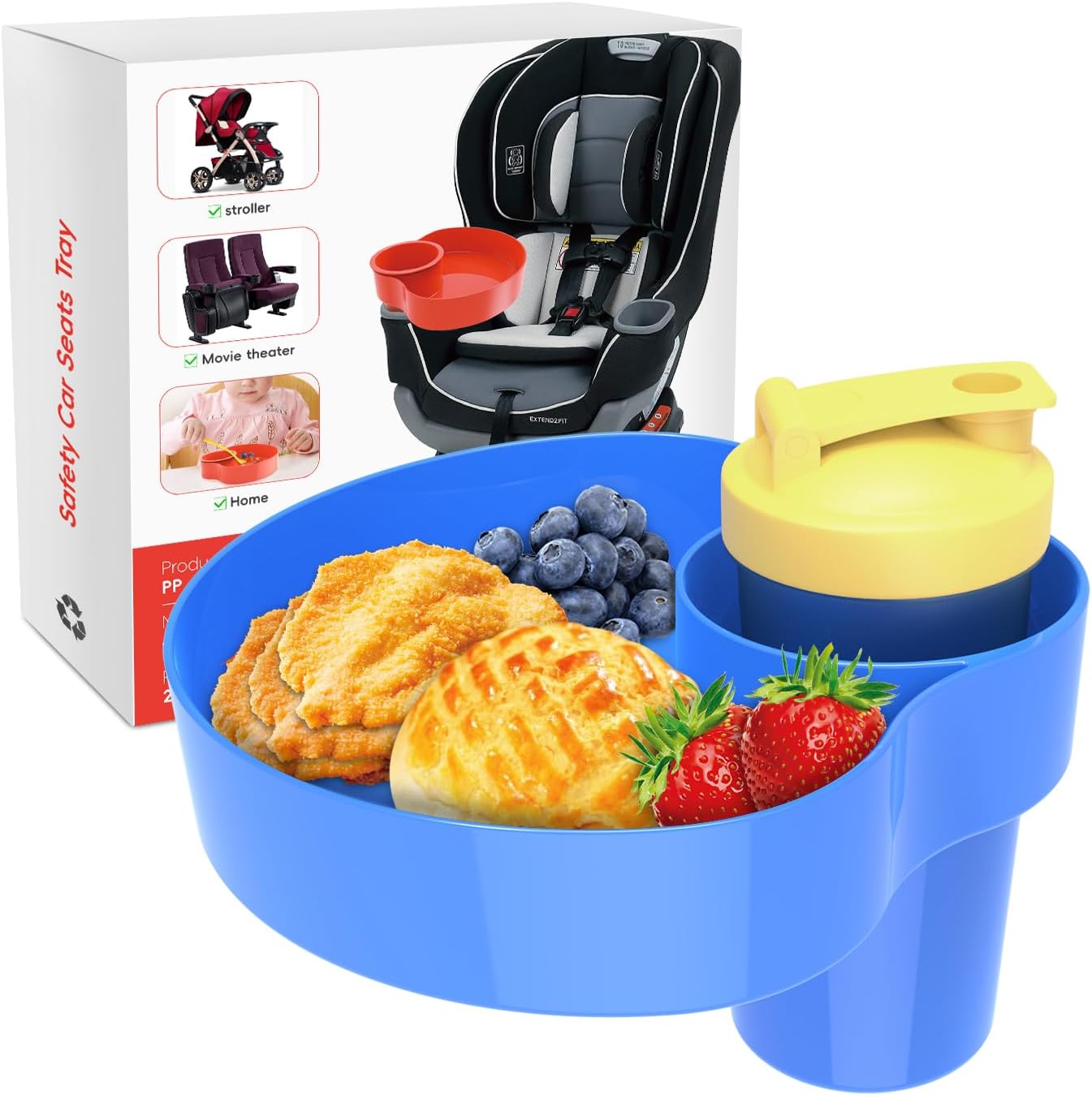 Car Seat Snack Tray for Kids: Kids Car Seat Tray with Cup Holder, Toddlers Road Trip Essential, Travel Snacks Food Plate for Stroller, Boosters with a Cup Holder 1PCS (Blue)