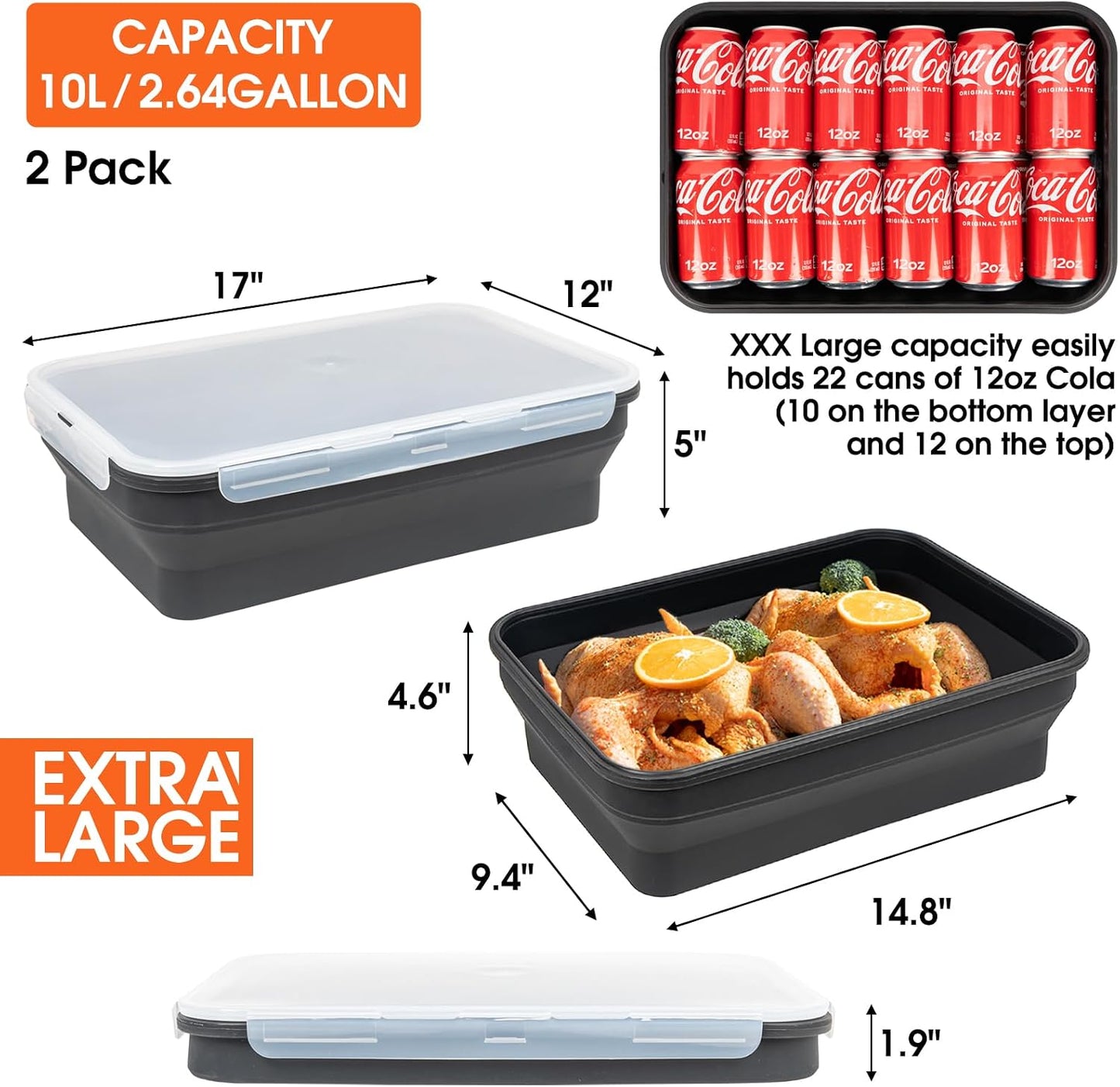 Silicone Collapsible Marinating Container with Lid for Meat, 2.64Gal/10L, 2 Pack Extra Large Collapsible BBQ Prep Tub, Transparent Locking Lid, XL Grill Prep Trays & Carry System, BBQ Must-Have, Black