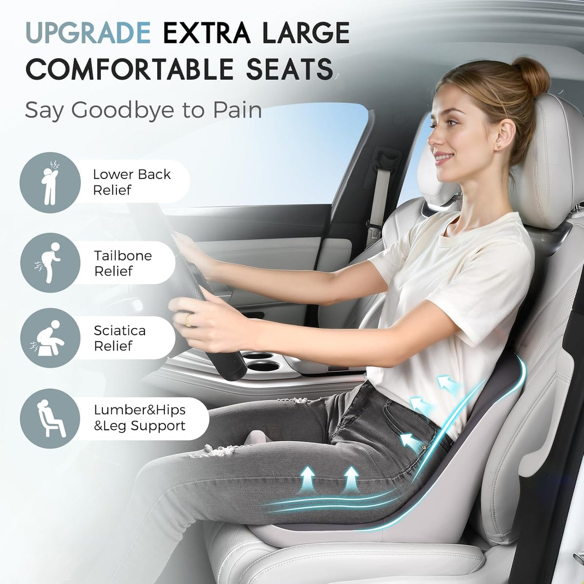 Car Seat Cushion and Lumbar Support Pillow, Larger Memory Foam Seat Cushion, Ergonomic L-Shaped Design Cushion for Back Pain Relief, Non-Slip Driving Cushion for Car, Office, Truck, Wheelchair-Black