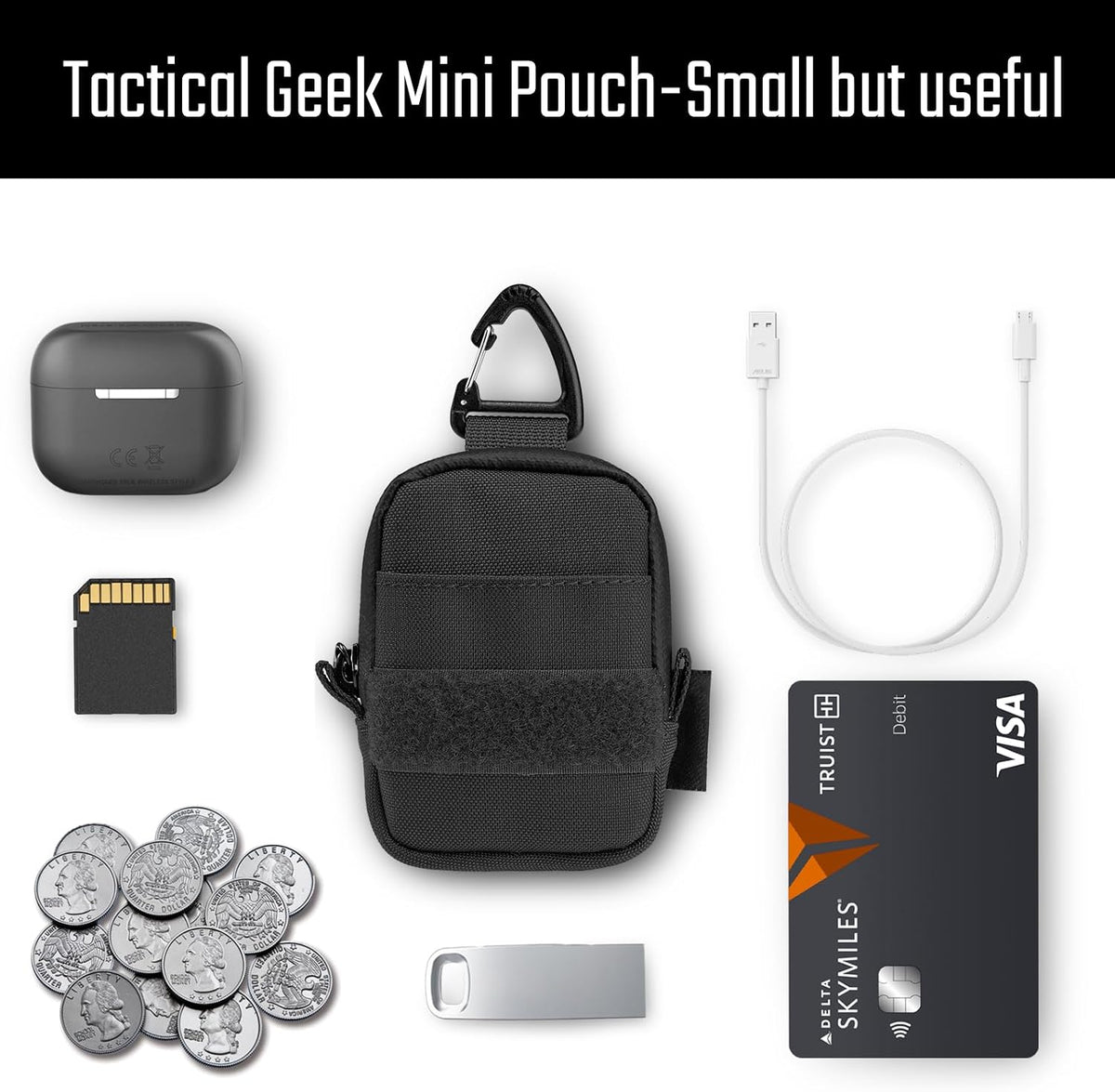 TACTICAL GEEK Storage A6 Mini Size EDC Utility Pouch, Mini Coin Purse with Custom Carabiner, EDC Mini Size Pocket Organizer, Wireless Headset Pack, Key Waist Case for Daily Carry Black