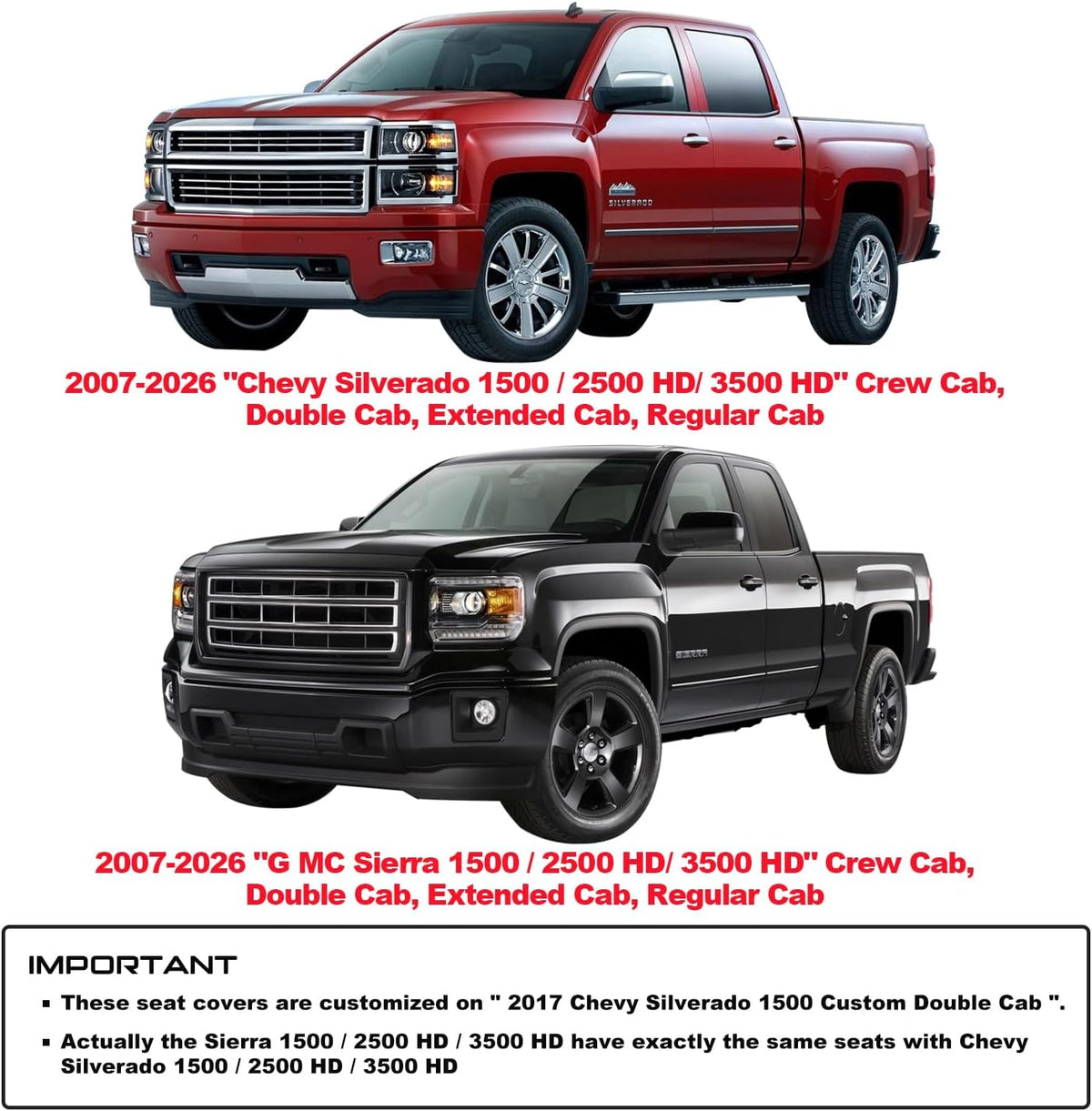 Seat Covers Chevy Chevrolet Silverado GMC Sierra 2007-2026 1500 2500HD