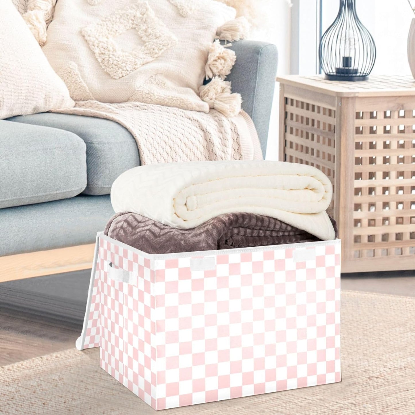 CaTaKu Large Fabric Storage Bins With Lids,Pink Checkered Racing Storage Boxes With Handles for Organizing Clothes, Collapsible Storage Cube Bins Baskets for Shelves