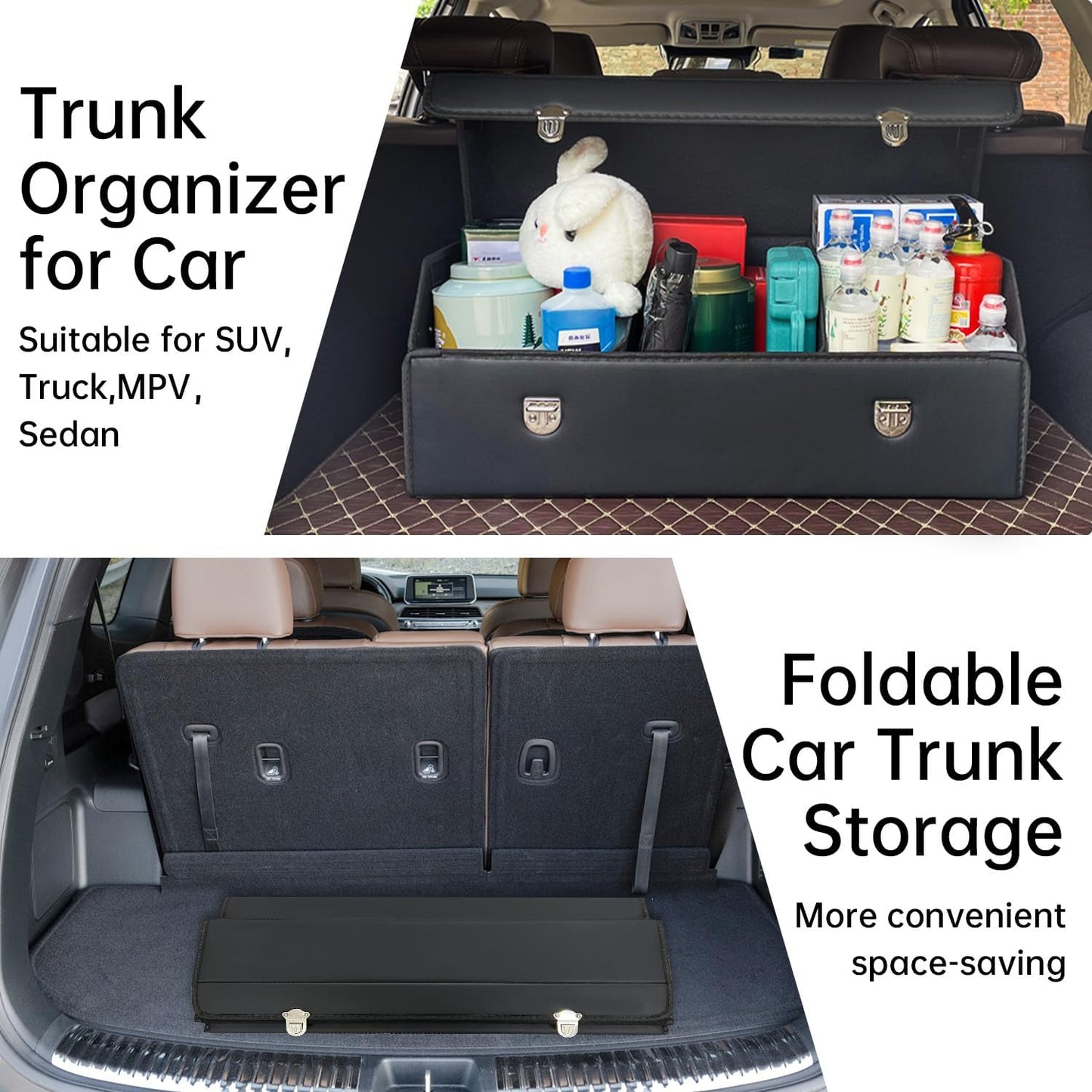 Car Trunk Organizer with Lid,Foldable Faux Leather Cargo Storage Box,3 Compartments,Collapsible Multi-Functional for SUV,Sedan,Vehicle Trunk