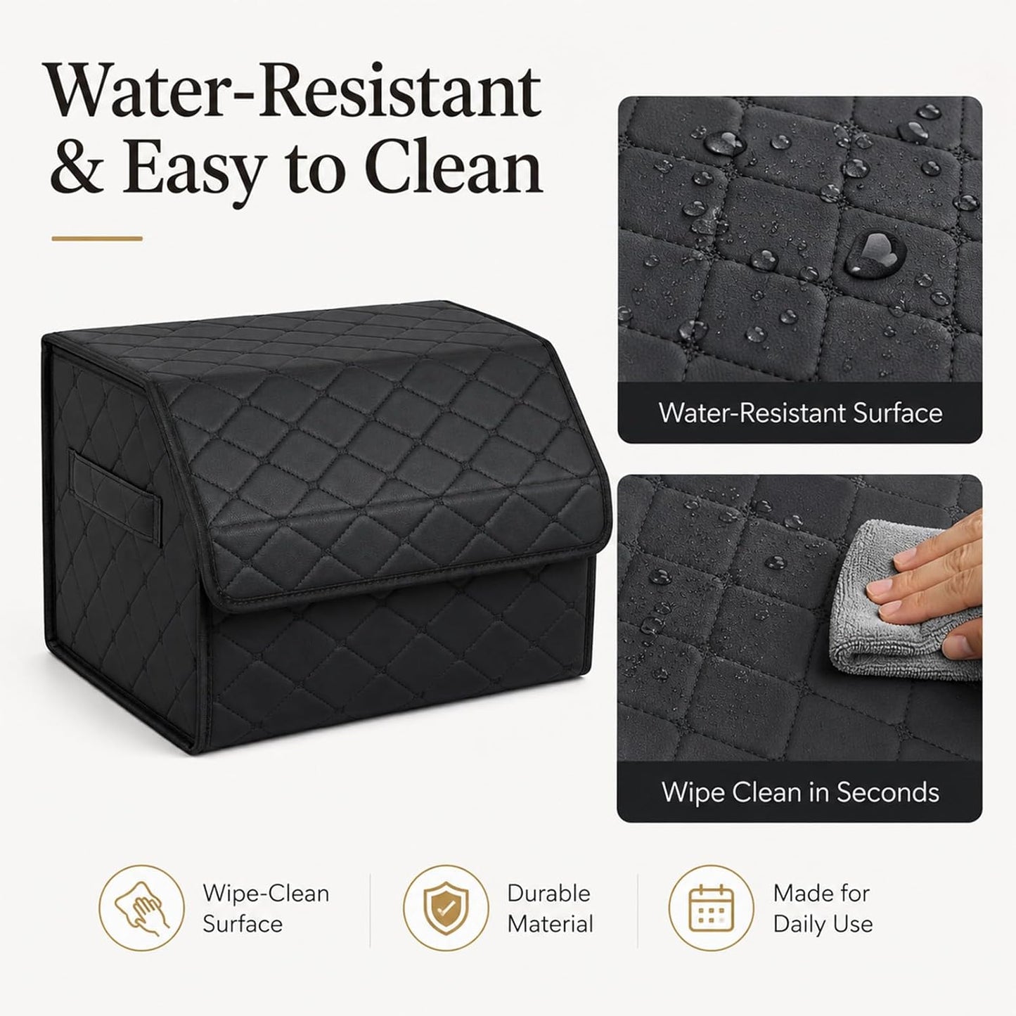 2Pack Leather Trunk Organizer for SUV & Sedans - Extra Large Foldable Car Storage Box with Lid, Adjustable Removable Dividers and Carry Handle, Collapsible Auto Cargo Organizer Black