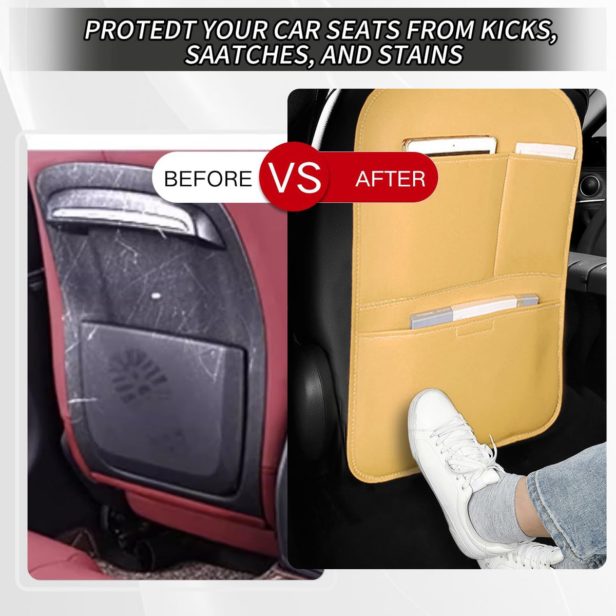 Kick Mat Back Seat Protector， Waterproof Leather Car Seat Back Organizers Cover with 3 Storage Pockets for Kids Pets SUV Sedan Minivan Truck Car Travel Accessories (Cayenne Yellow 2-pack)
