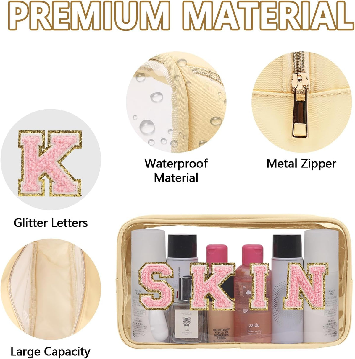 Iqimott Clear Patch Makeup Bag Skin Pouch, Preppy Personalized Chenille Letter Cosmetic Pouch for Travel, Nylon Waterproof Organizer Skin Care Zipper Toiletry Bags for Women Girls(Beige)