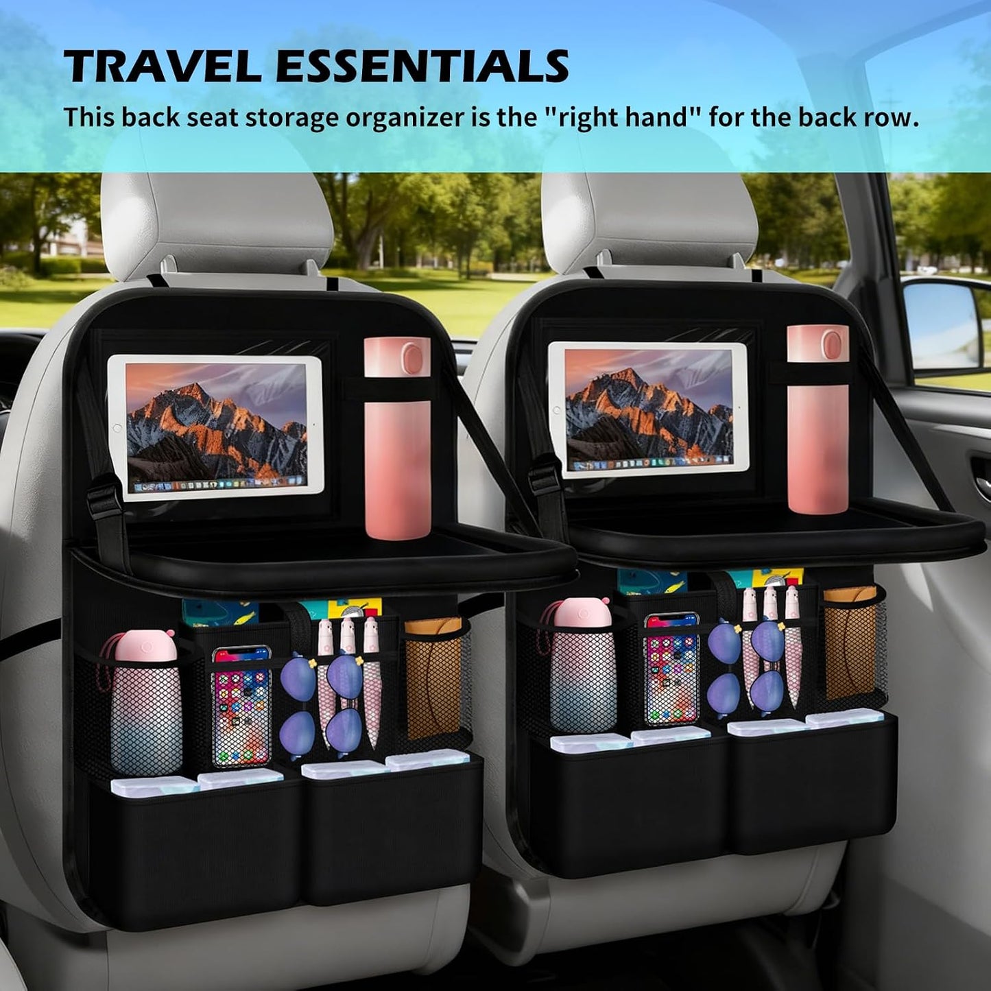 2026 Upgraded Backseat Car Organizer,Multifunctional Back Seat Car Organizer with Cars Tray & Cup Holder,Roadtrip Essentials Foldable Back of Seat Cars Organizers for Most Vehicles