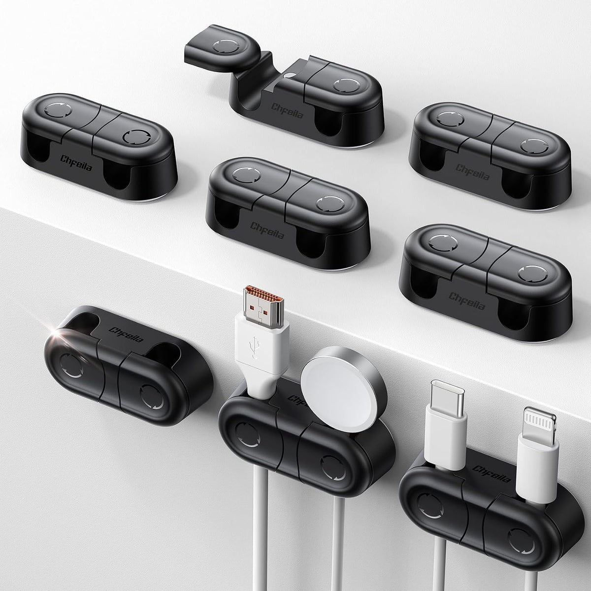 Chfeila 8Pack Magnetic Cable Clips, Dual Slot Cord Holder Clips, Black