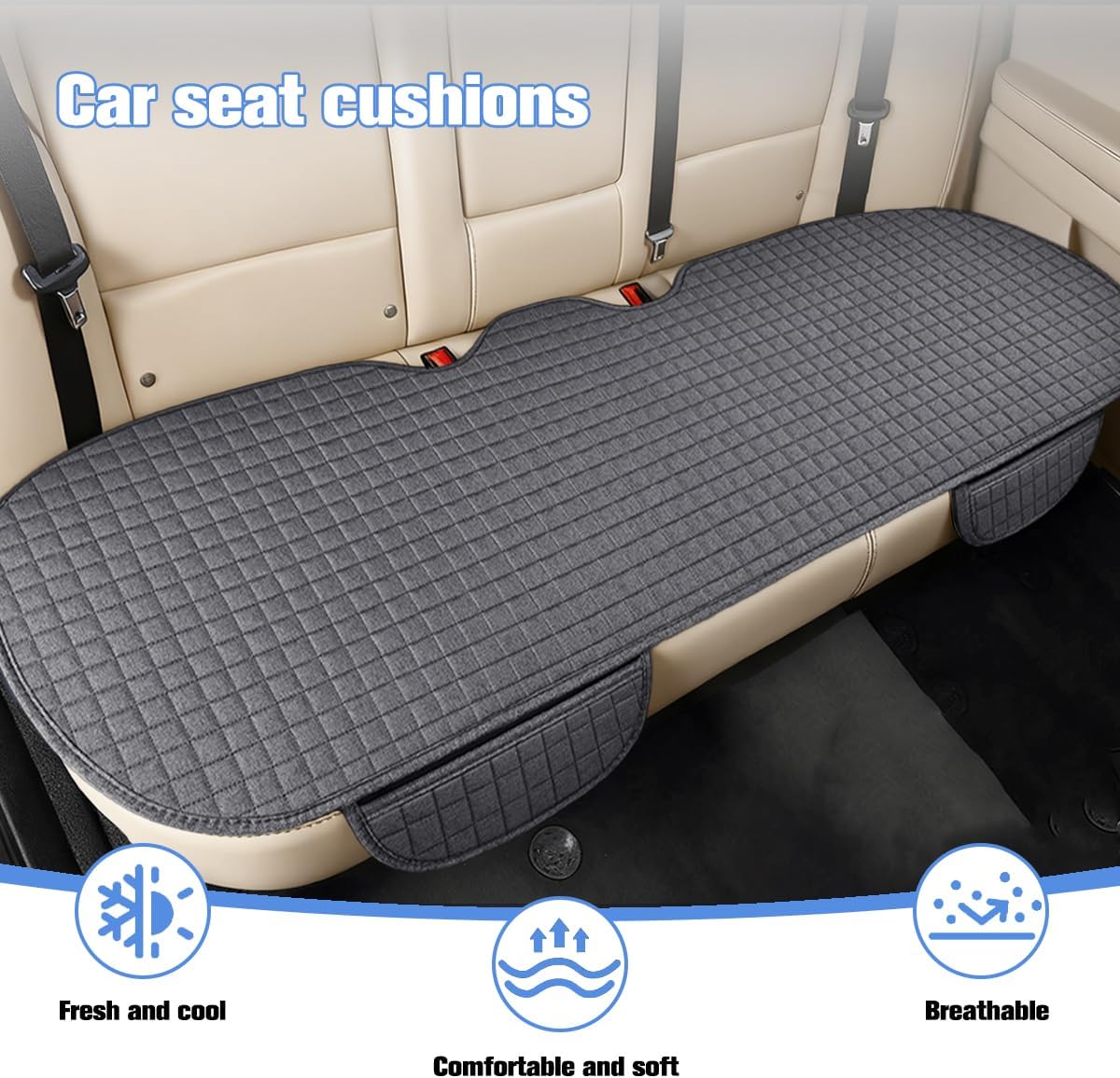 Car Back Seat Cover, Linen Breathable Vehicle Rear Bottom Bench Seat Protector with Storage Pocket, Anti-Slip Comfortable Long Automotive Rear Chair Cover, Universal for Vehicles (Gray)