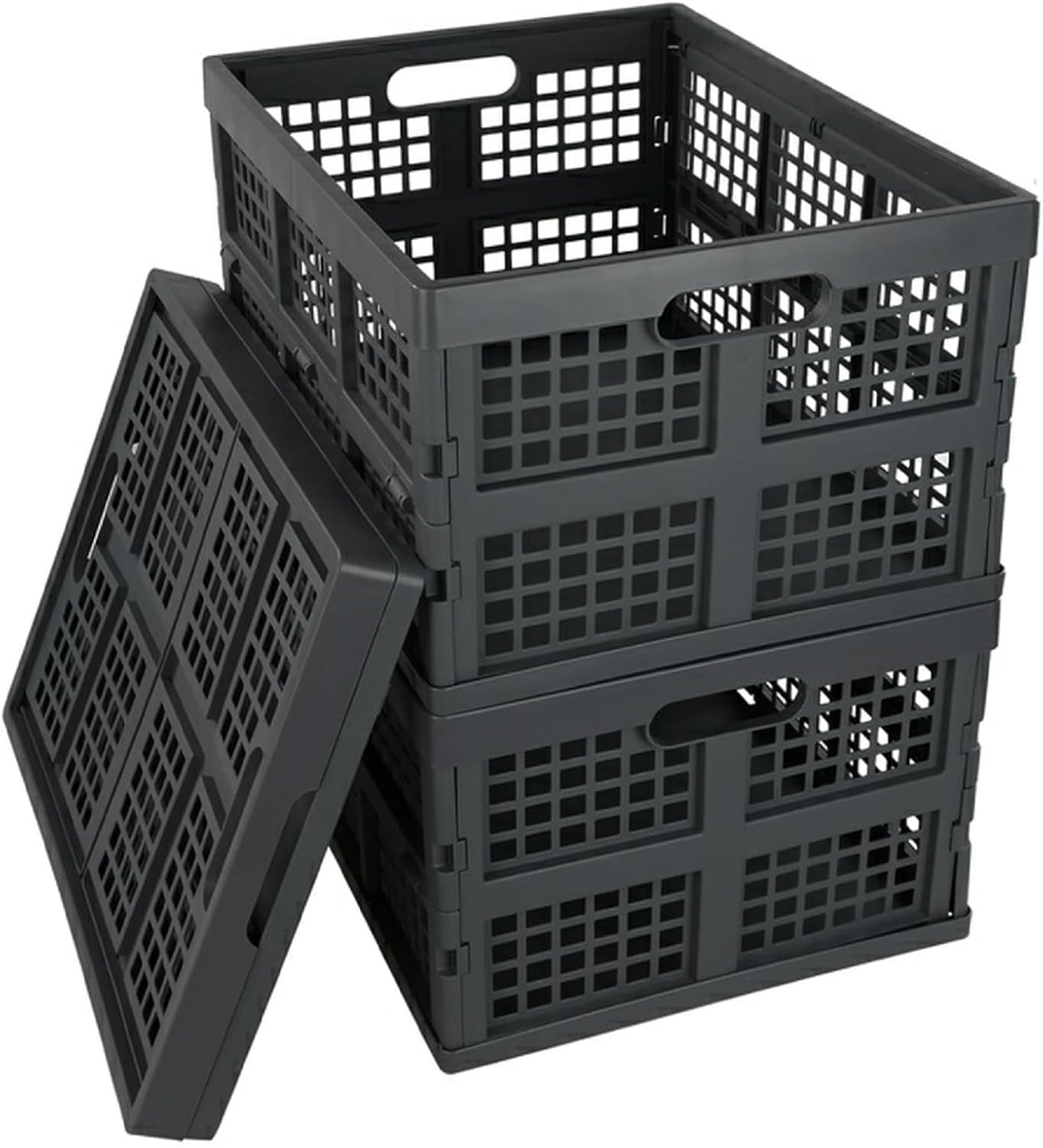 Idotry 3-PACK 15 L Folding Storage Crates, Stackable Collapsible Basket | Space-Saving Utility Containers, Dual Side Carry Cutout Handles, for Garage, Car, Grocery & Home Organization