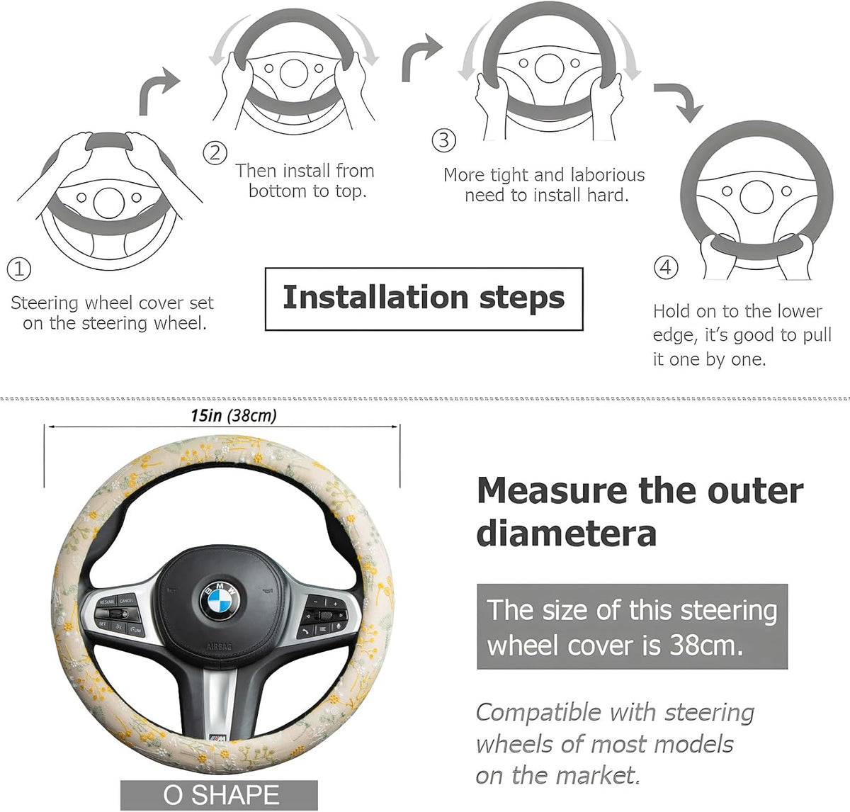 Beige Spherical Flowers Steering Wheel Cover Auto Embroidery Steering Wheel Protector, Anti-Slip, Breathable, Absorbing Sweat, Universal Car Accessories 14.5–15 inch,Fit for Most Car, Trucks, SUV