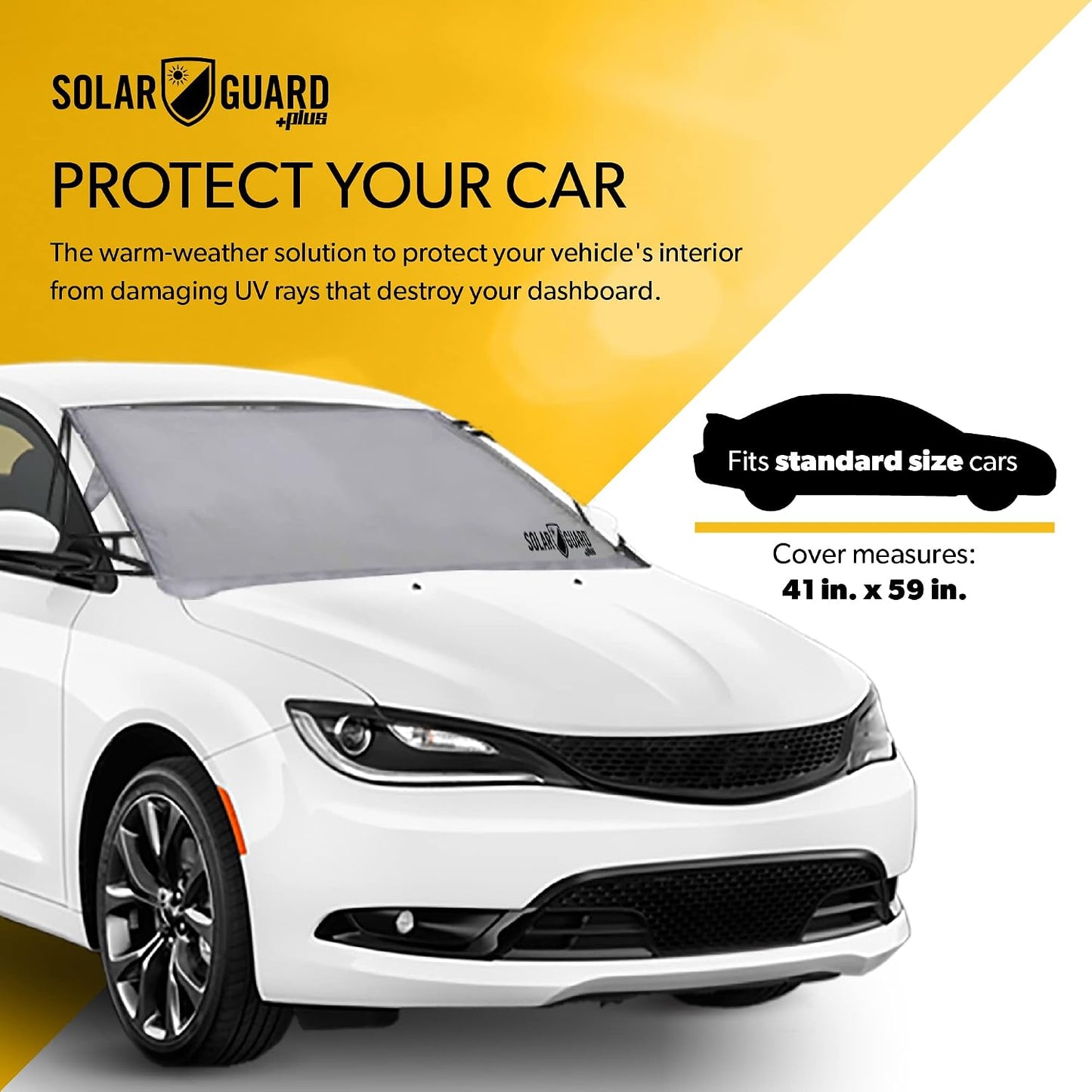 SolarGuard Plus Sunshade for Car Windshield - Reflective Car Shades for Windshield, Blocks Damaging UV Rays - for Use on Front Window Exterior, Includes Security Flaps - Silver, Standard Size