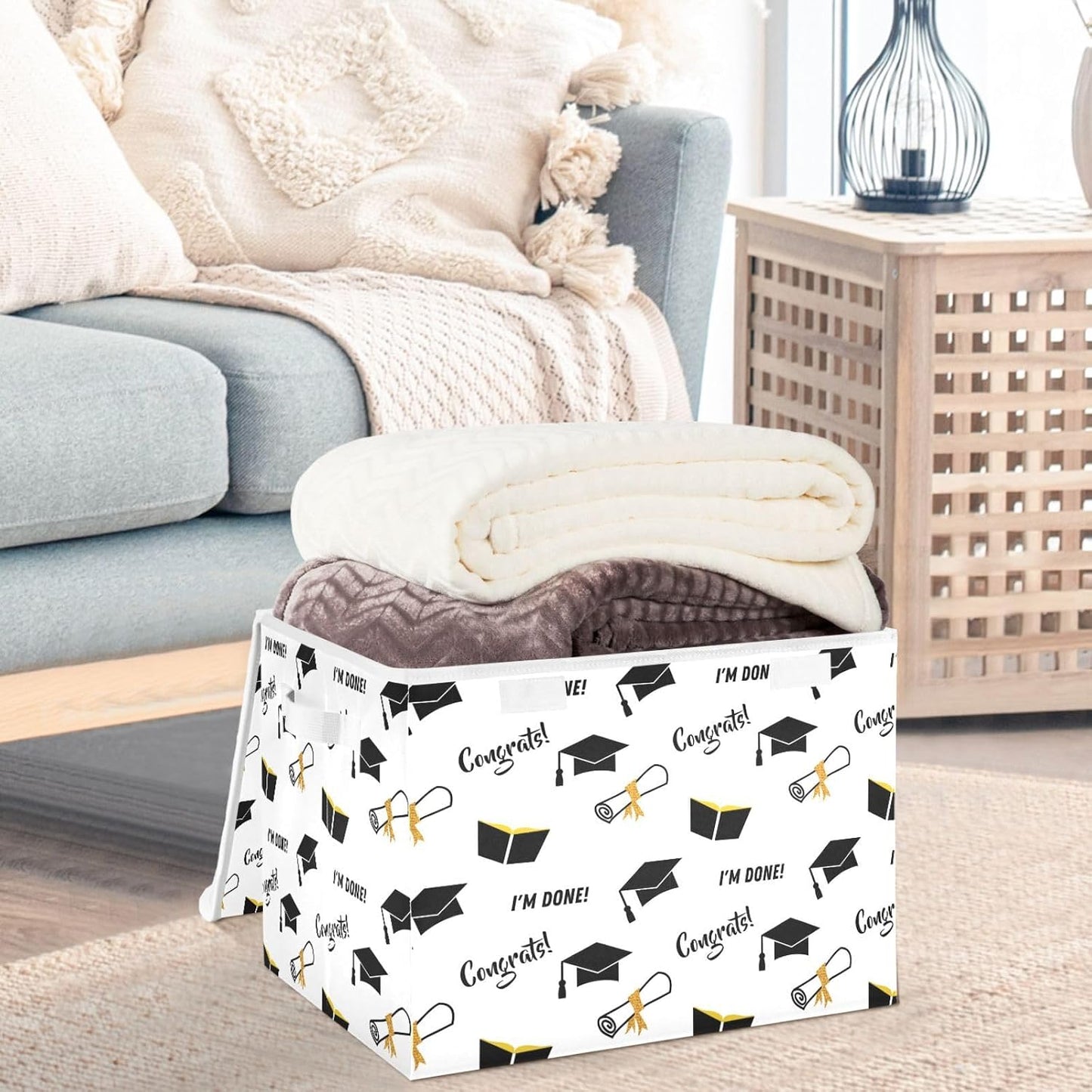 CaTaKu Graduation Black Golden Storage Bins with Lids Fabric Large Storage Container Cube Basket with Handle Decorative Storage Boxes for Organizing Clothes Shelves
