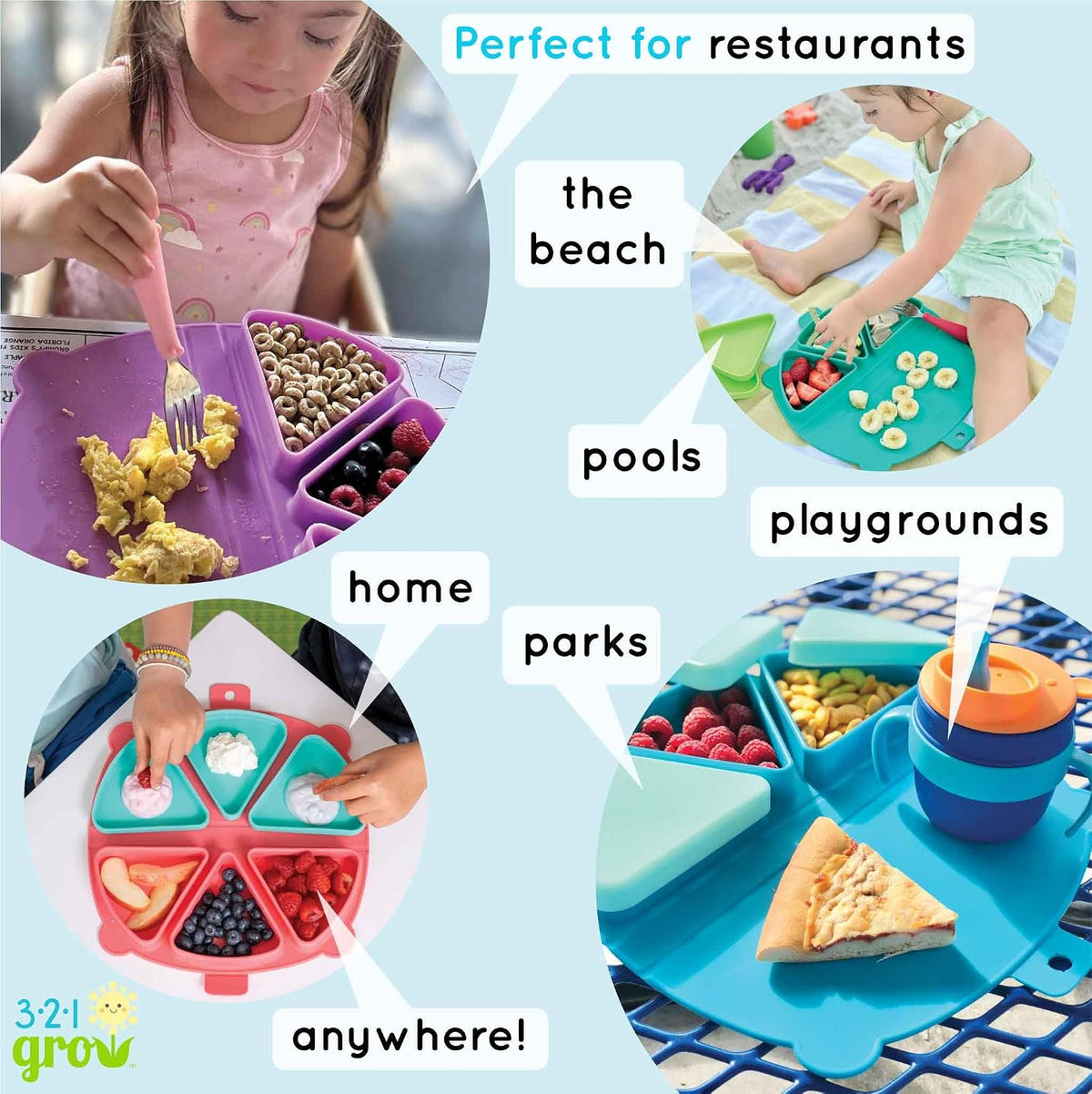 Silicone On-The-Go Snack Mat – Foldable Reusable Placemat with 3 Compartments and Lids – Travel-Friendly Baby and Toddler Snack Plate – Dishwasher Safe (Pebble)