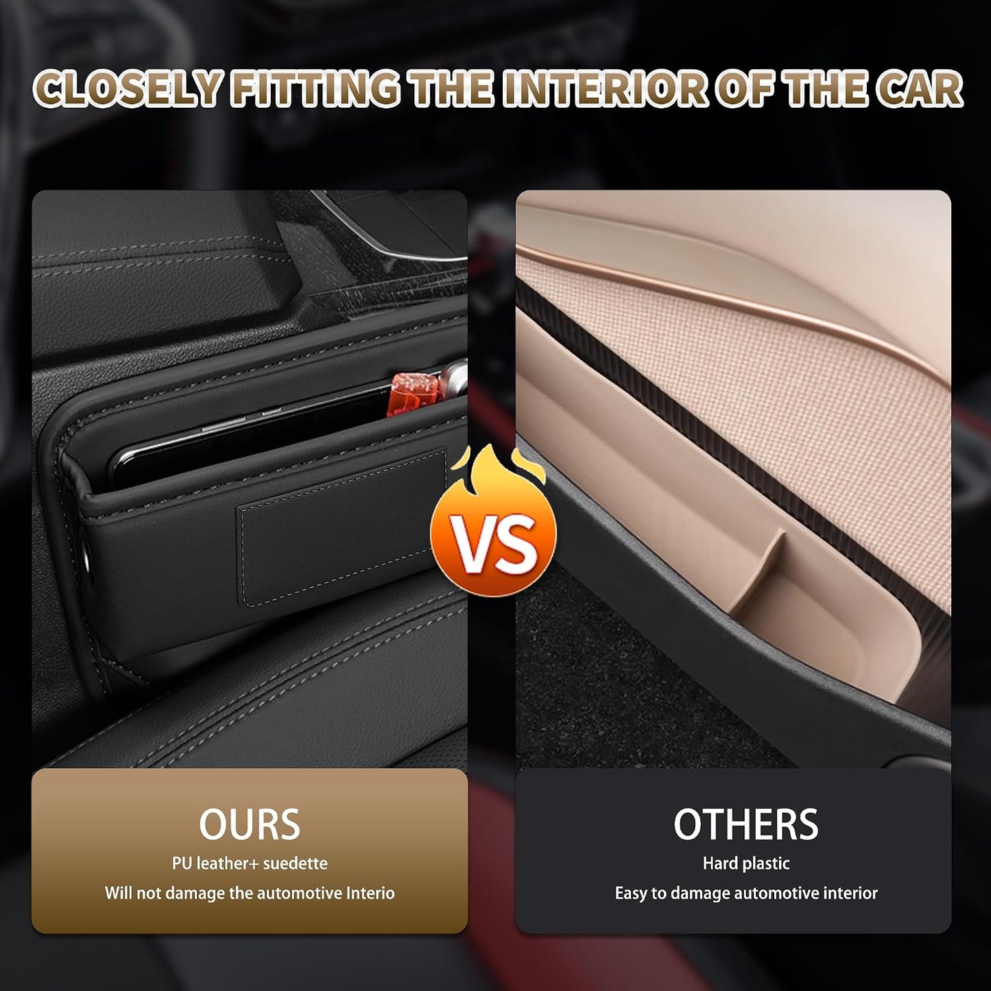 Kwak's Car Seat Gap Filler 2 Pack PU Leather Organizer with Cup Holder | Fits gaps 0.2–1.2 inches| Blocks Dropped Items | Holds Cups Up To 2.8"| Tool-free Install | Easy to Wipe Clean