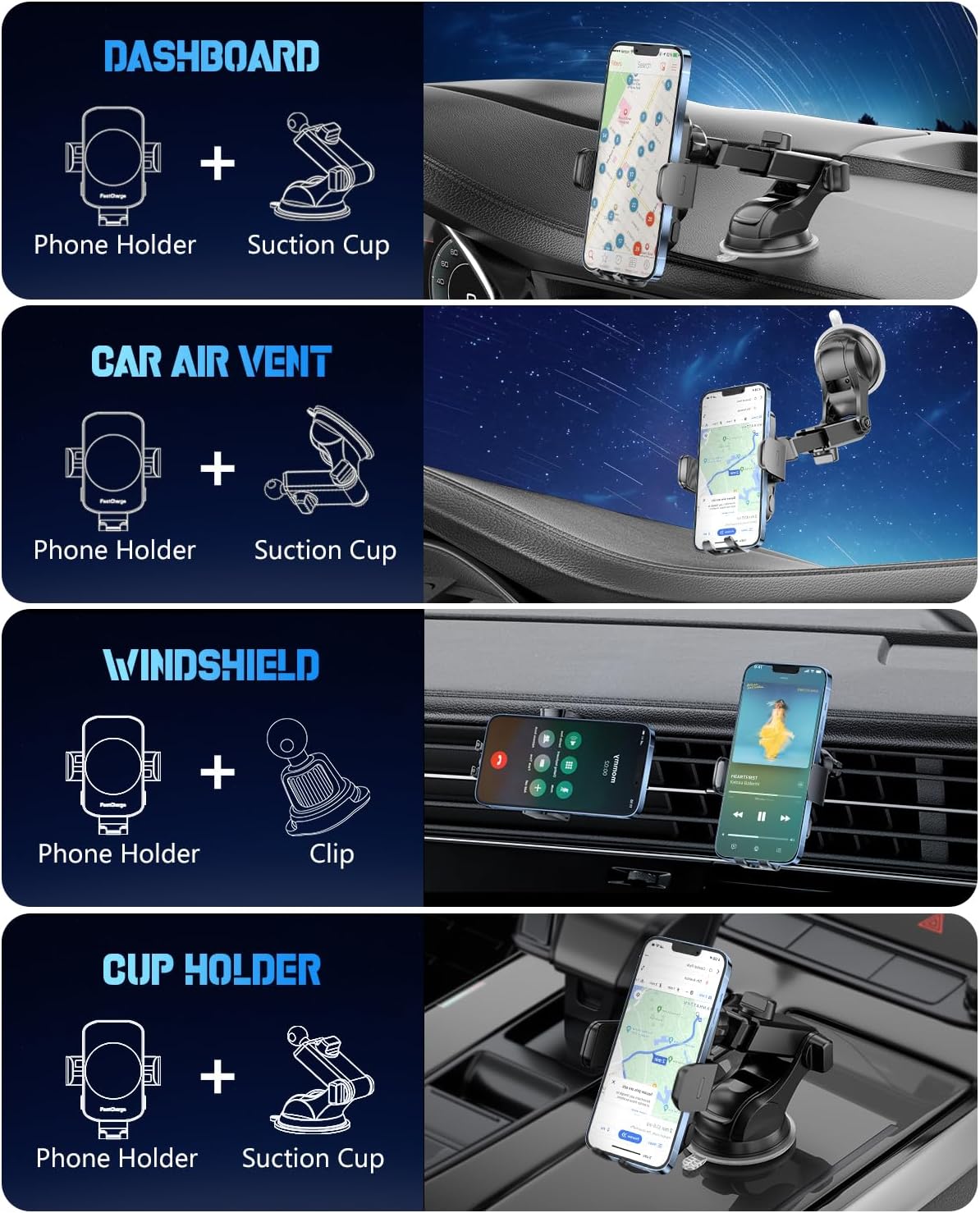 BothLin 3-in-1 Wireless Car Charger Mount, 15W Fast Charging Auto-Clamping Phone Holder for iPhone 17 16 15 14, Samsung Galaxy S24 S23, Dashboard, Vent & Windshield Car Mount