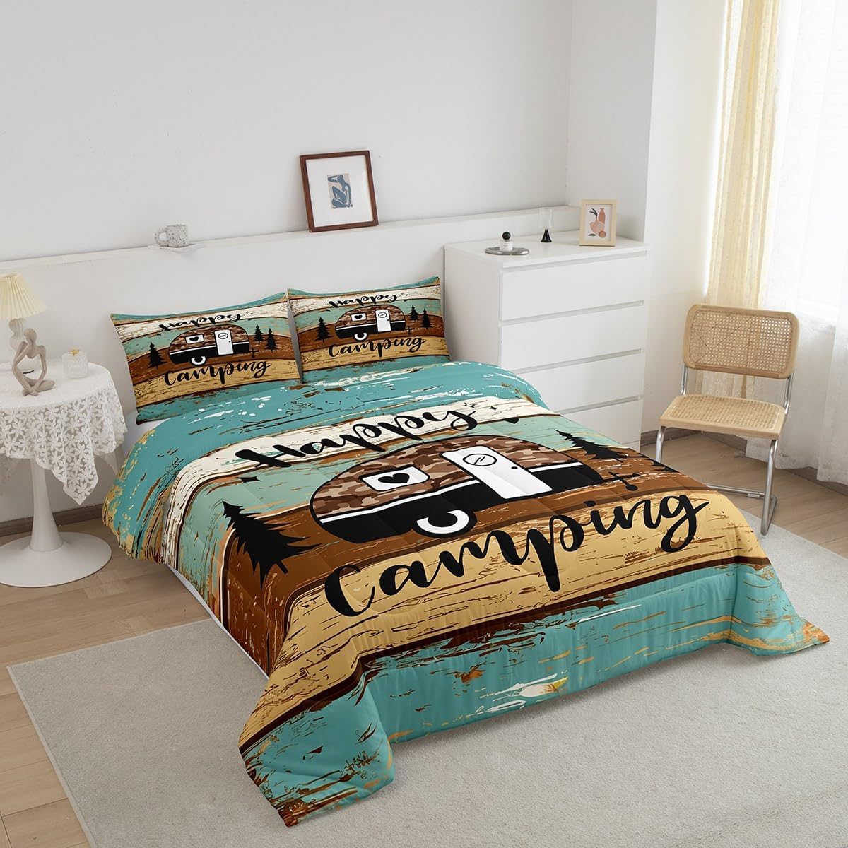 Manfei Rustic Adventure Camper Kids Comforter Set Twin Size,Happy Camping Farmhouse Cabin Lake House Bedding Set,Wooden Plank Pine Nature Quilt Comforter,Brown Retro Duvet Insert,1 Pillowcase