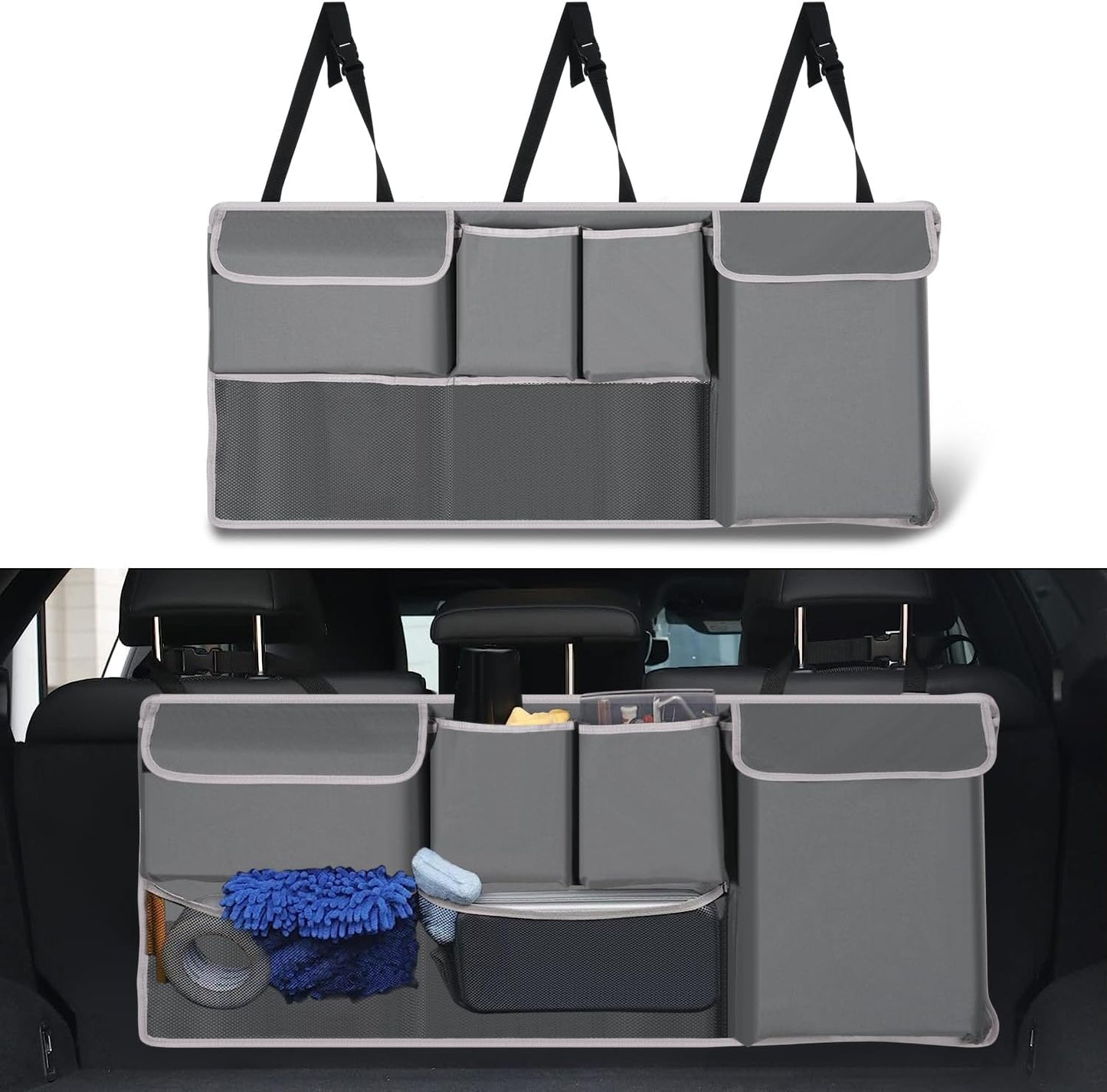 UYYE Trunk Hanging Organizer, Backseat Storage Bag, Collapsible Car Interior Accessories with 4 Pockets & 2 Mesh Pouches for Tools, Provide More Storage Trunk Space for SUV, Jeep, MPVs (Grey)