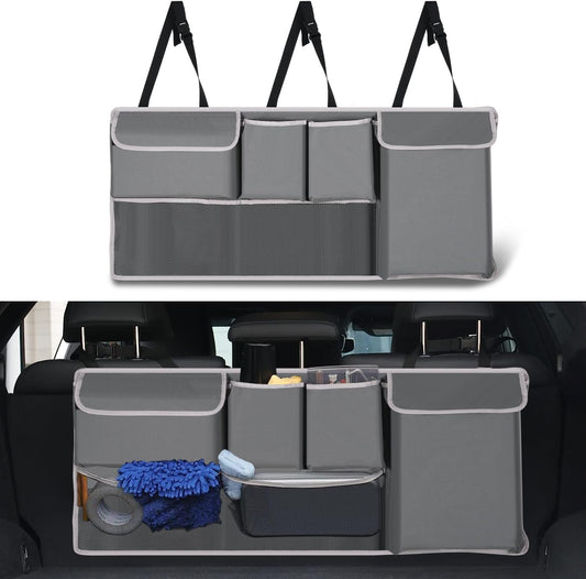 UYYE Trunk Hanging Organizer, Backseat Storage Bag, Collapsible Car Interior Accessories with 4 Pockets & 2 Mesh Pouches for Tools, Provide More Storage Trunk Space for SUV, Jeep, MPVs (Grey)