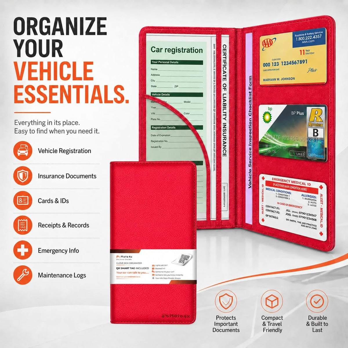 Insurance and Registration Holder, Red Premium PU Leather Glove Box Folder