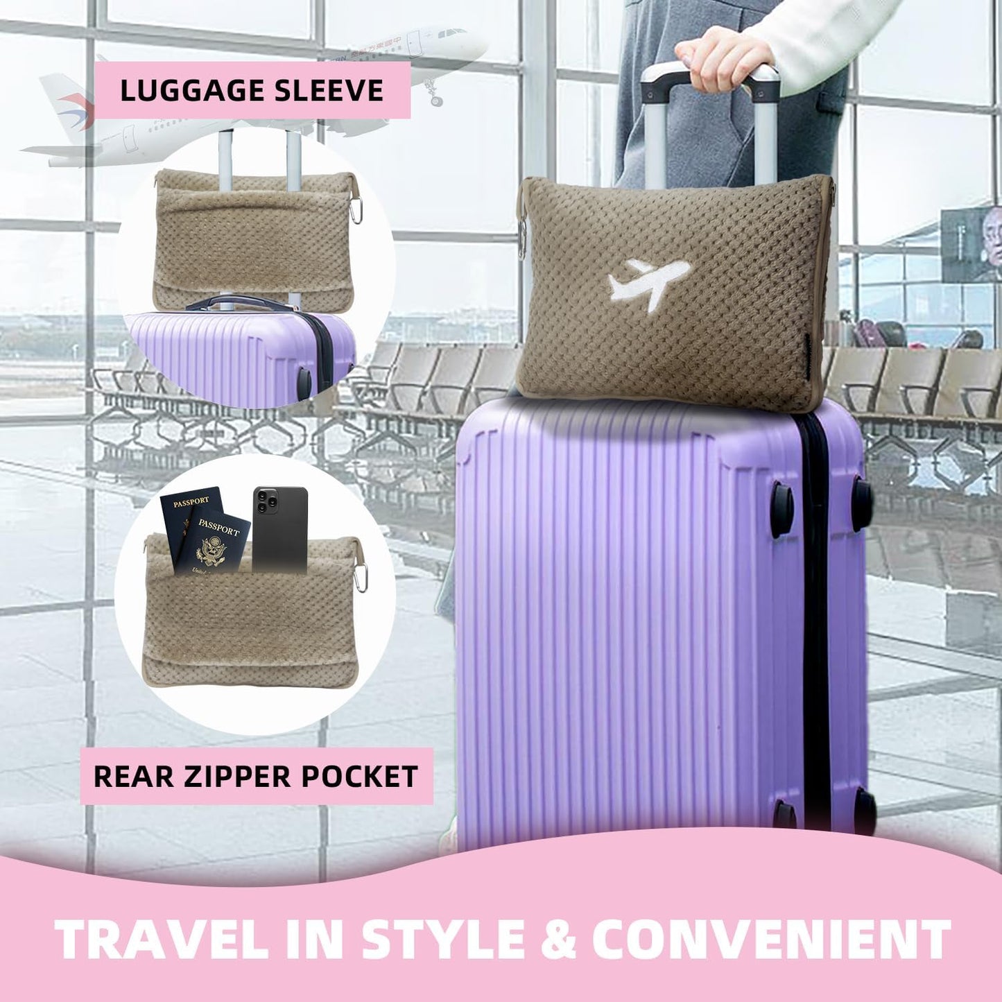3 in 1 Travel Blanket Pillow Set - 350 GSM Thick Travel Blanket Airplane Compact with Bag, Soft Bag with a Pocket, Inflatable Travel Pillow for Camping & Car Trip (Light Coffee)