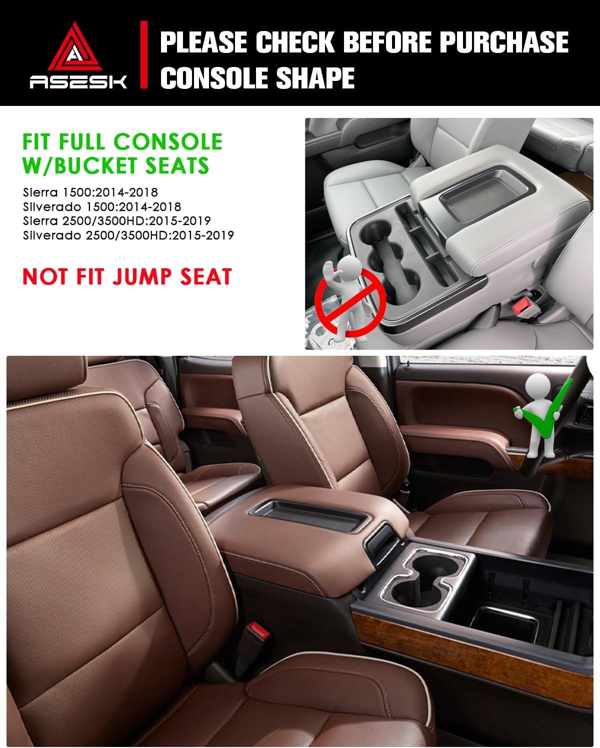 For 2014-2018 Silverado/Sierra 1500&2015-2019 Silverado&Sierra 2500HD/3500HD - Full Console w/Bucket Seats Only 2PCS Center Console Armrest Organizer Tray &Console Tray ABS Materials