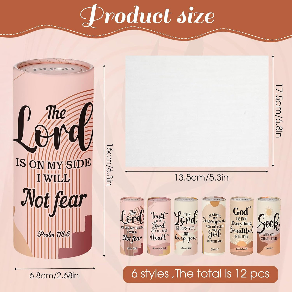 Outus 12 Pack Christian Car Tissues Cylinder Holder with Facial Tissue Bulk Round Bible Verses Napkins Container for Car Home Travel Prayer Church Gifts, 6 Designs