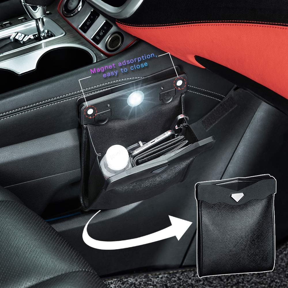 Smart LED Car Trash Can Waterproof Garbage Bag Passenger Side Artificial Leather Storage Pocket Leak Proof Reusable Traveling Portable Offices Toilet Garbage Cans Back Seat Hanging (Beige-1pack)