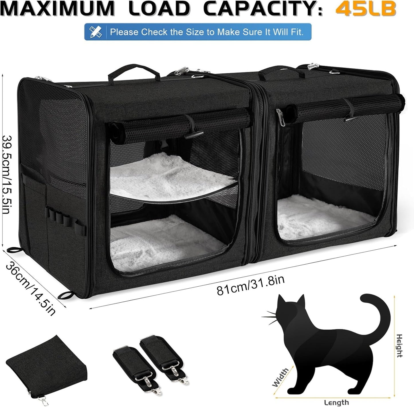 Extra Large Cat Carrier for 2 Cats with Travel Litter Box, 2-in-1 Foldable Soft Pet Car Travel Carrier with Zipper Locks for Multiple Cats Small Dogs Up to 45 Lbs, Black