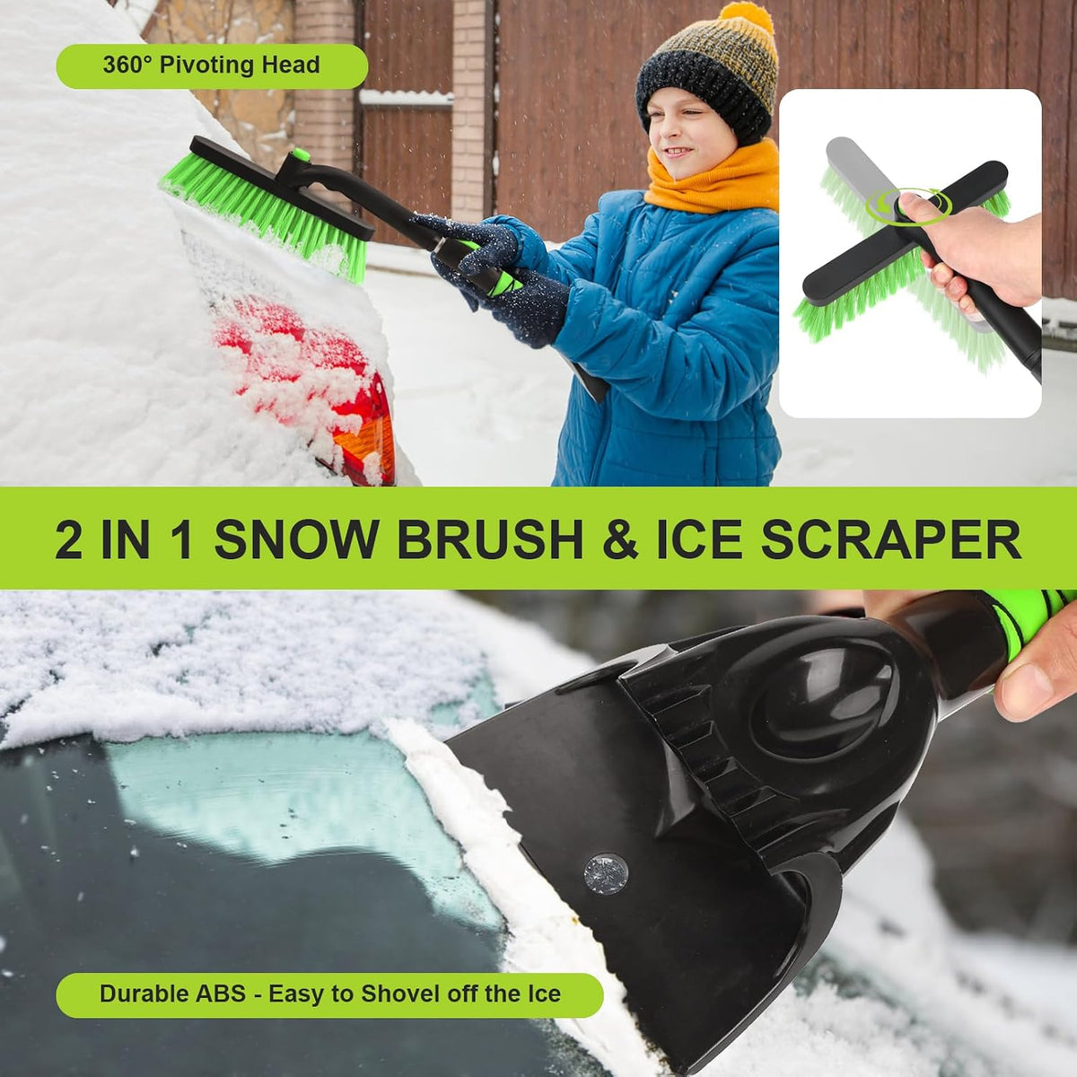 Snow Brush with Ice Scraper 33 inch, 2 in 1 Extendable Snow Removal for Cars with Foam Grip and 360° Pivoting Brush Head, Heavy Duty Snow Cleaner for Auto Truck SUV