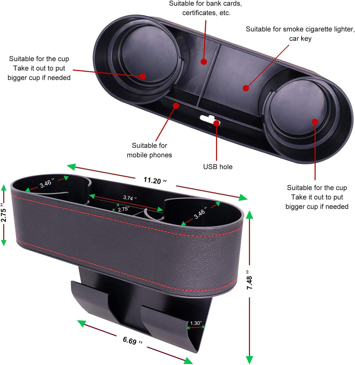 Car Seat Organizer Cup Drink Holders,Multifunctional Gap Filler Storage Box,Insert Organization Helps Reduce Distracted Driving&Holds Phone Mount Mug Bottle Cellphones Coasters Wallet Cards (Black)