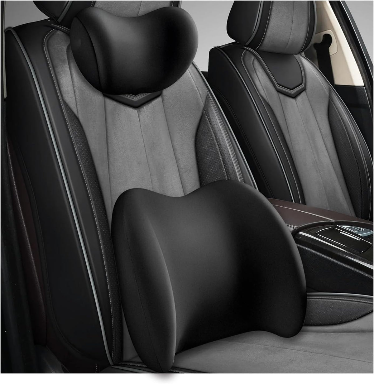 Car Headrest & Lumbar Support Cushion, Ergonomic Memory Foam Car Neck Back Support w/Removable Cover, Universal Breathable Lumbar Cushion Headrest Pillow with Adjusatble Strap (Black)