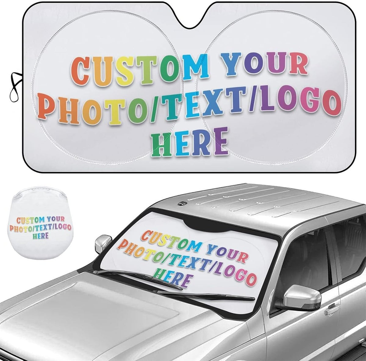 Custom Car Windshield Sunshade, 64''x33.5'' Personalized Sun Visor with Photo Text, Foldable Durable Shade Storage Pouch for Sedans SUV Trucks