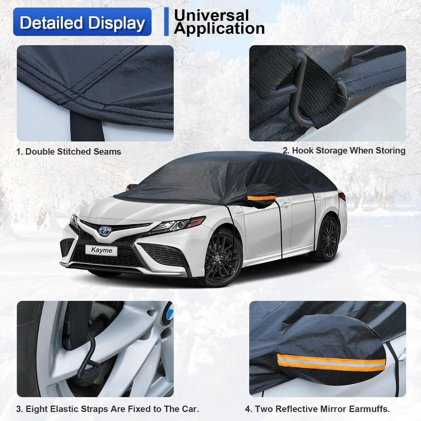 Kayme Half Car Cover, Windshield Cover for Ice and Snow Top with Reflective Straps, Roof Cover Waterproof All Weather Dust, Sun Protection. Front Rear Window Cover Fit Sedan. 3L (UP to 127'')