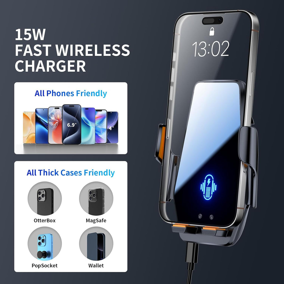 3 IN 1 Wireless Car Charger 15W Fast Charging Auto Clamping Phone Holders