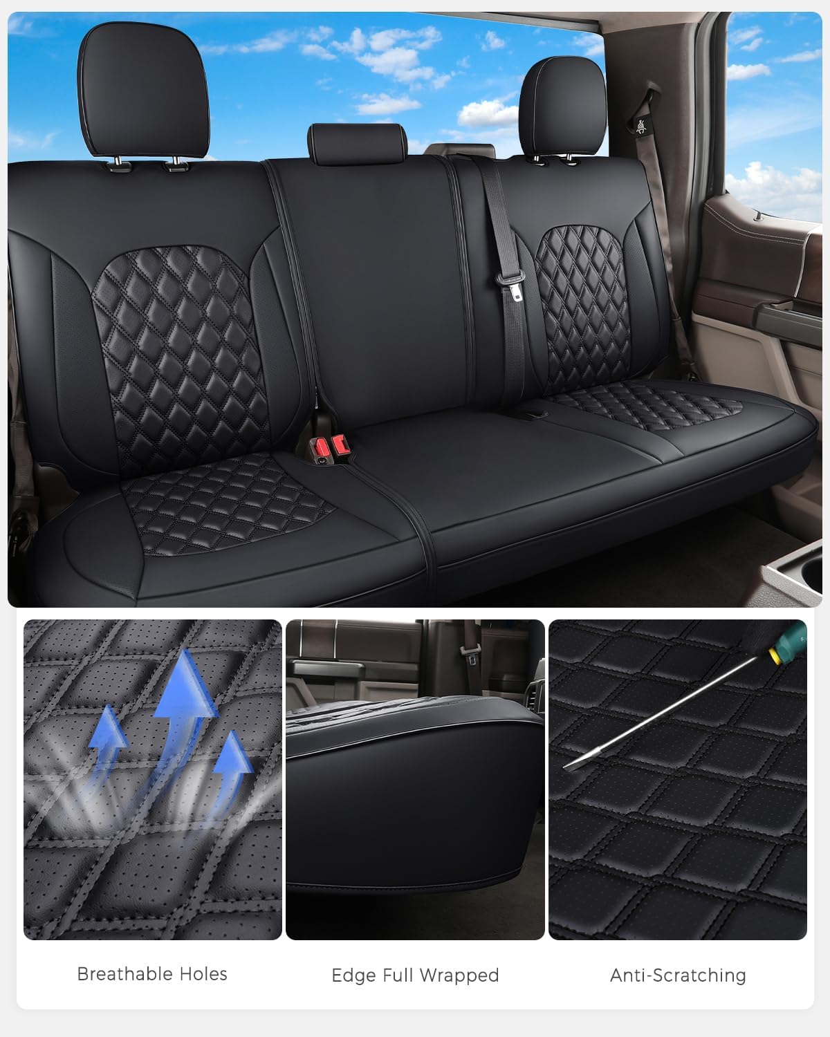 Huidasource Tacoma Rear Bench Car Seat Covers, Black Leather Back Row Seat Cushion Cover Fit for Toyota Tacoma 2016-2023 Double & Crew Cab SR SR5 Limited TRD Sport/Pro/Off Road (Back Row/Black)