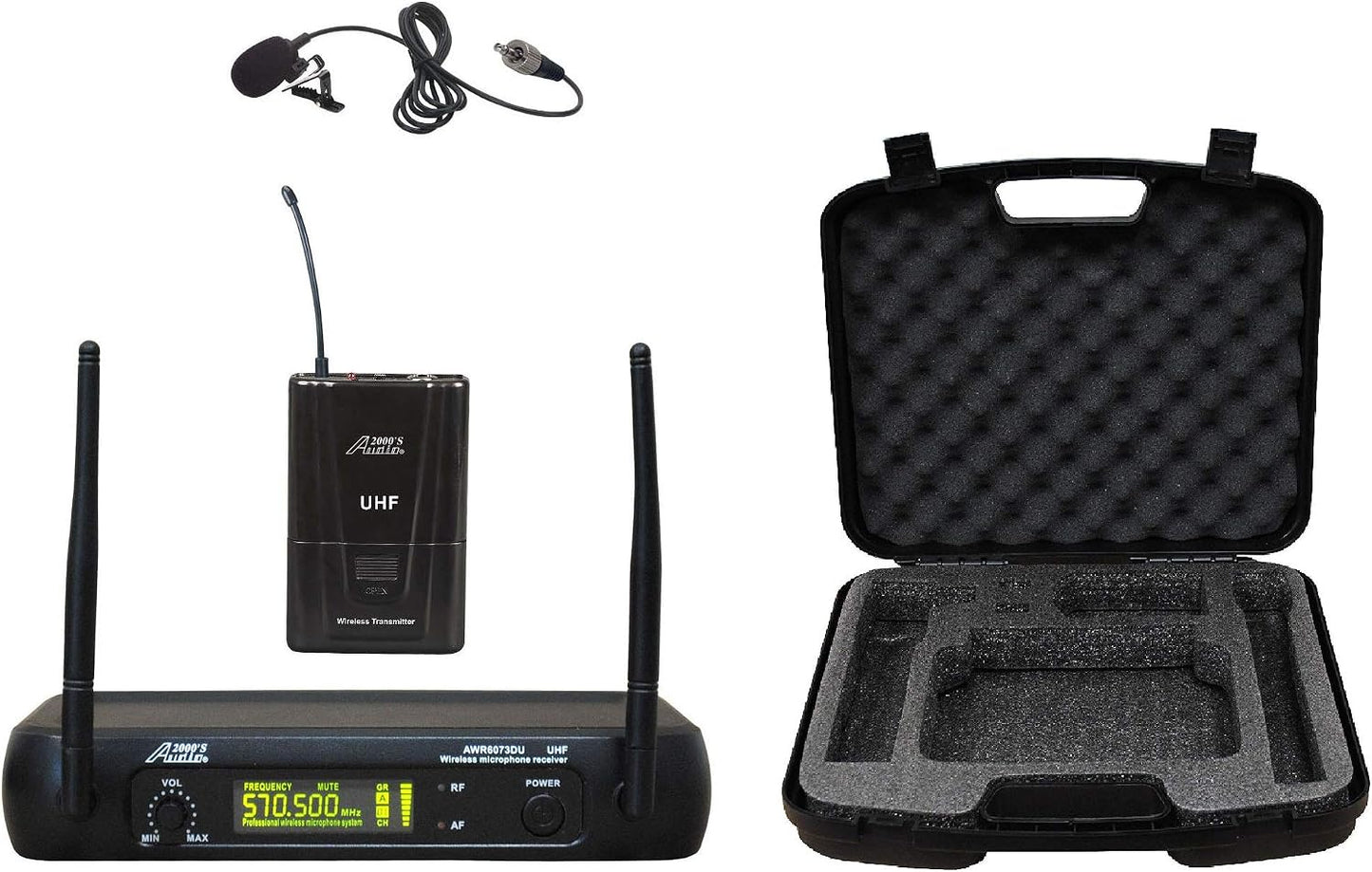 Audio 2000S S6073M UHF Wireless Lavalier Microphone System with Balanced XLR and 1/4-Inch Outputs, Volume Control, and Hard PVC Carrying Case