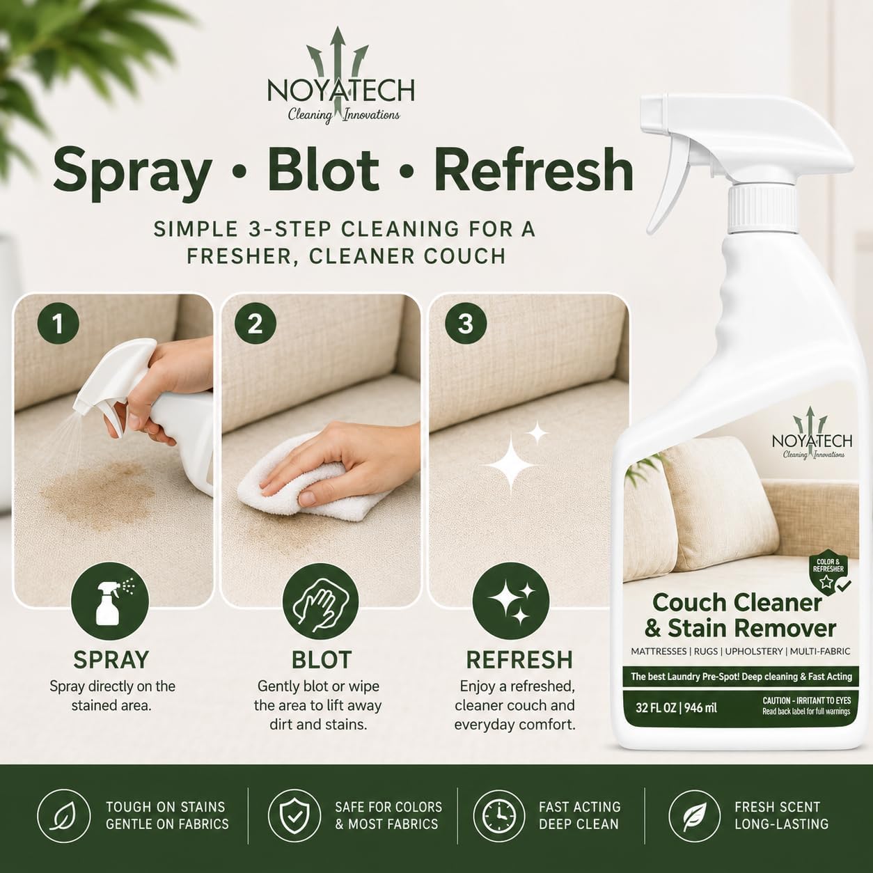 NOYATECH Couch Cleaner and Stain Remover Spray - Professional Strength Non-Toxic Multi-Surface Fabric and Upholstery Cleaner for Couches, Sofas, Sectionals, Microfiber & Car Interiors, 32 oz