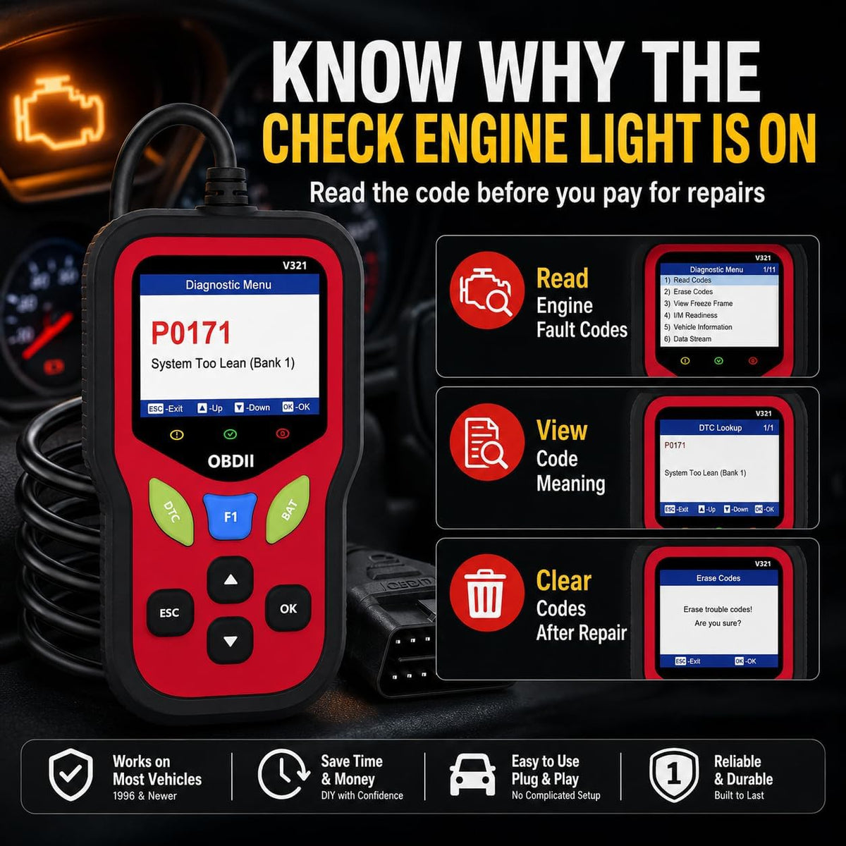 V321 OBD2 Scanner Diagnostic Tool - Erase Engine Light Code Scanner Tool with Reset, 30000+ DTC, Data Printed, Data Stream, I/M Readiness, Car & Truck Scan Tool for All Vehicles Since 1996