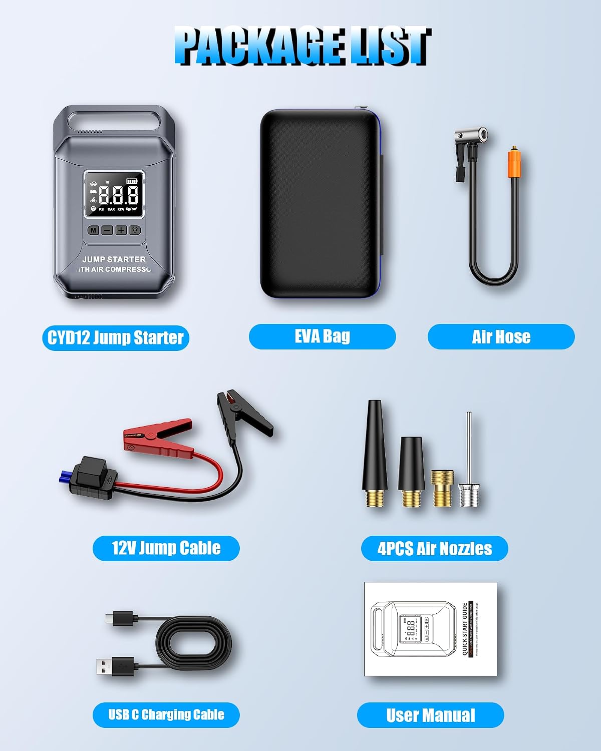 Car Battery Jump Starter with Air Compressor Portable 8000A 160PSI